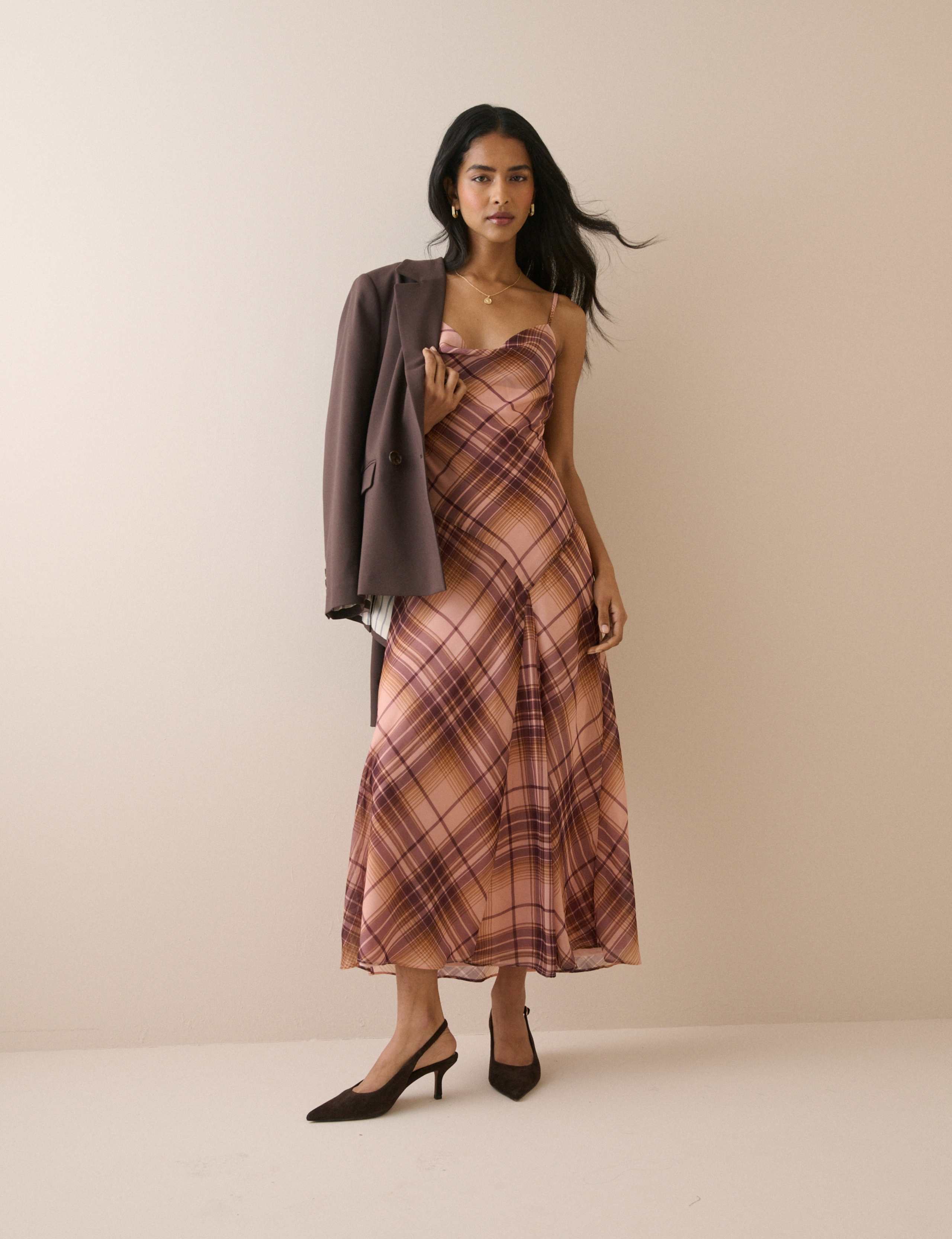 Checked Cowl Neck Midi Slip Dress 3 of 5