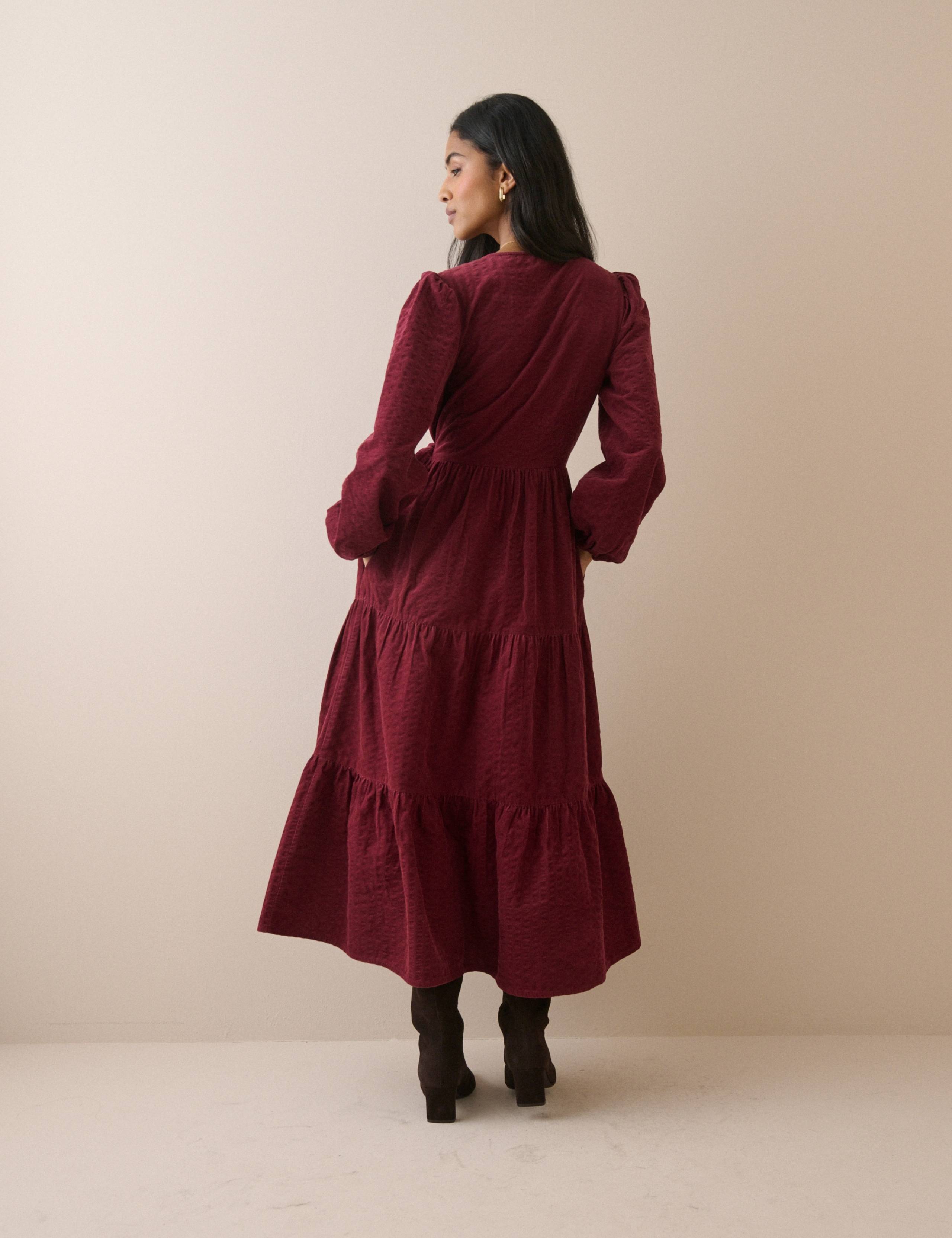 Pure Cotton Cord V-Neck Midi Waisted Dress 2 of 5