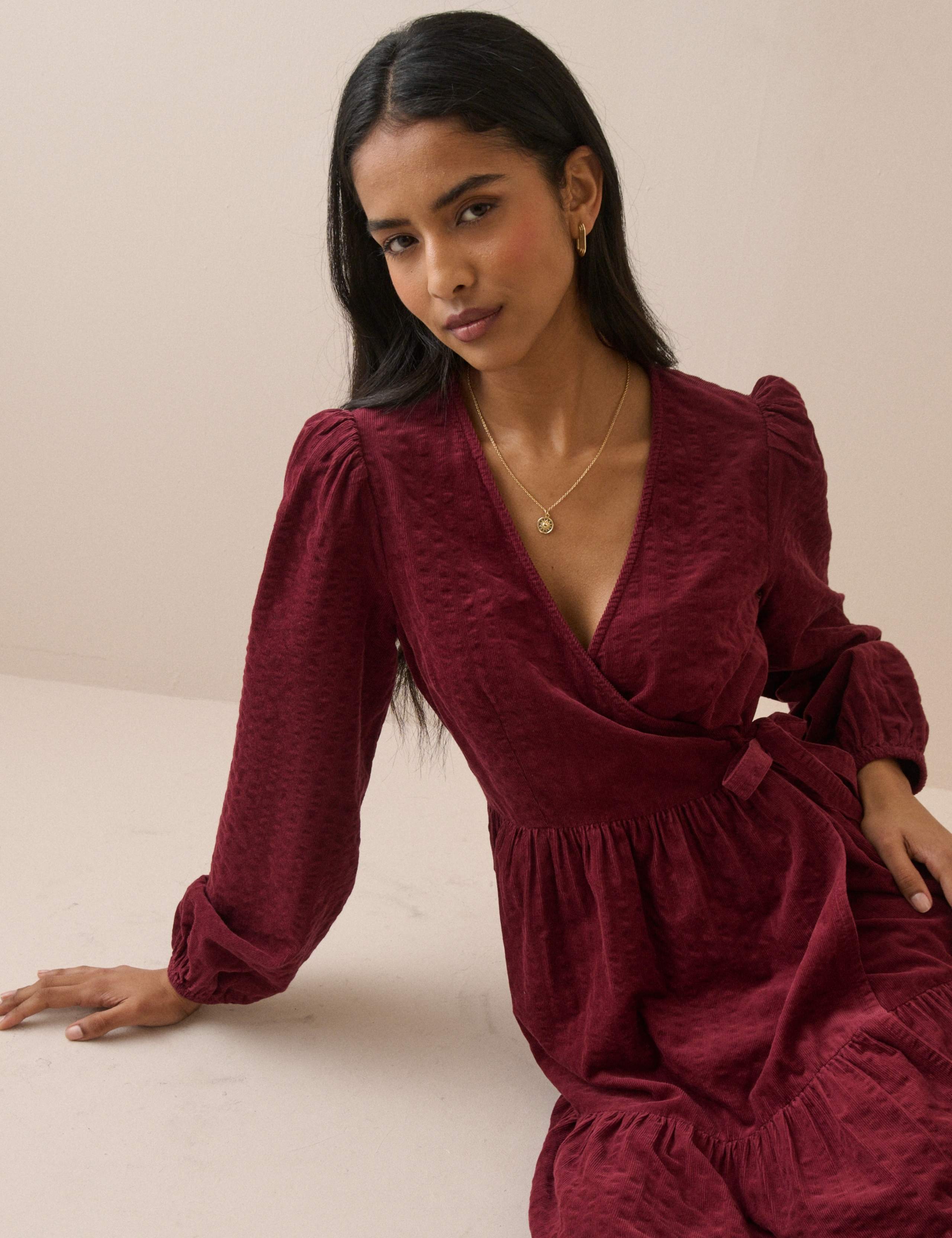 Pure Cotton Cord V-Neck Midi Waisted Dress 3 of 5