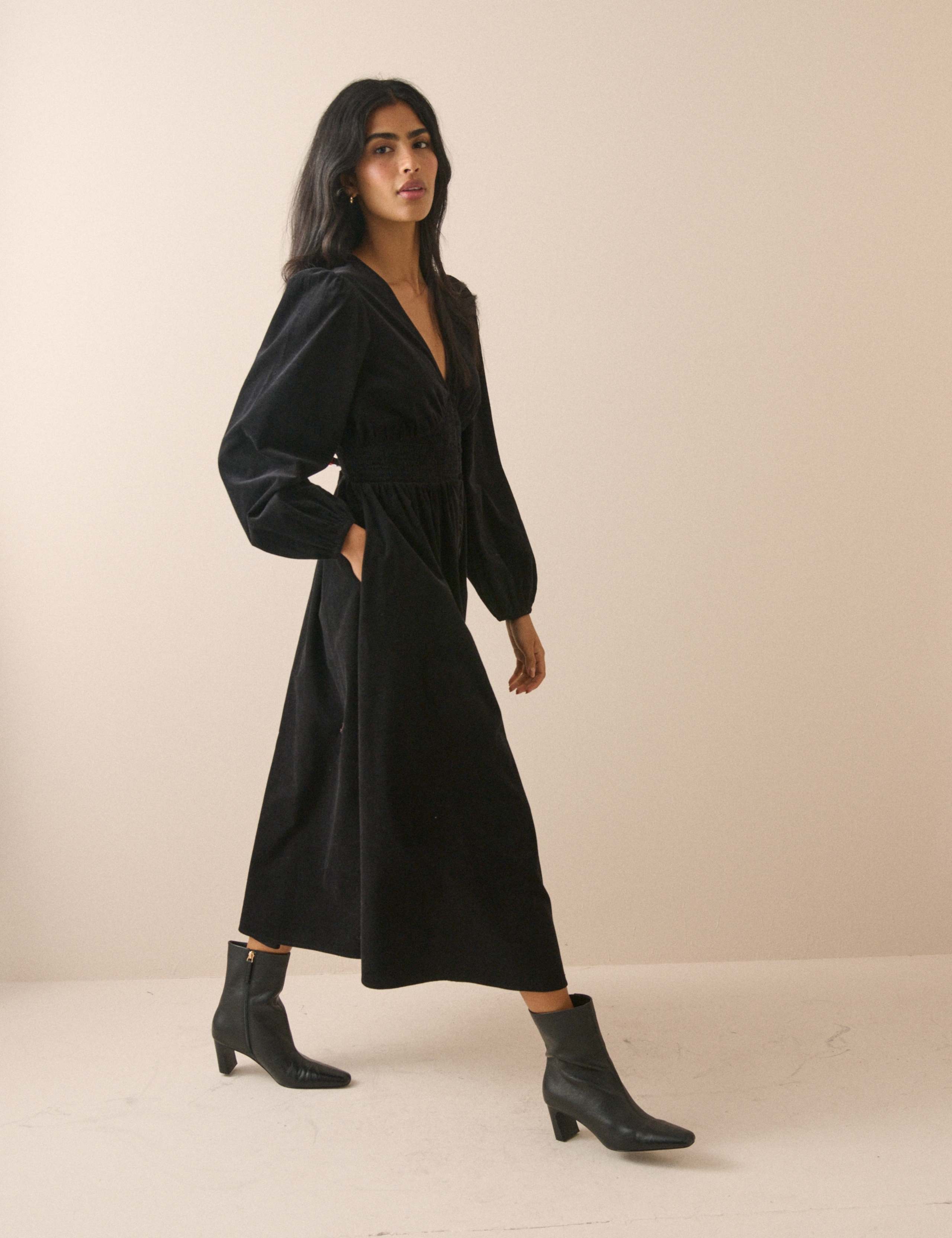 Cord V-Neck Midi Waisted Dress 3 of 5