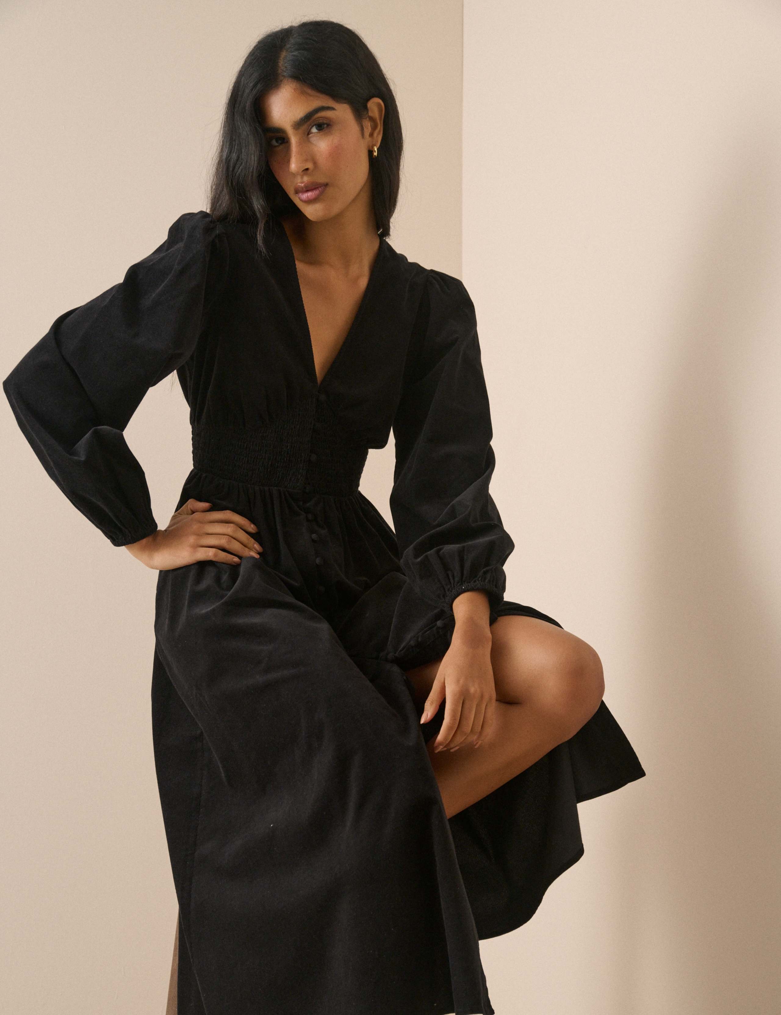 Cord V-Neck Midi Waisted Dress 4 of 5