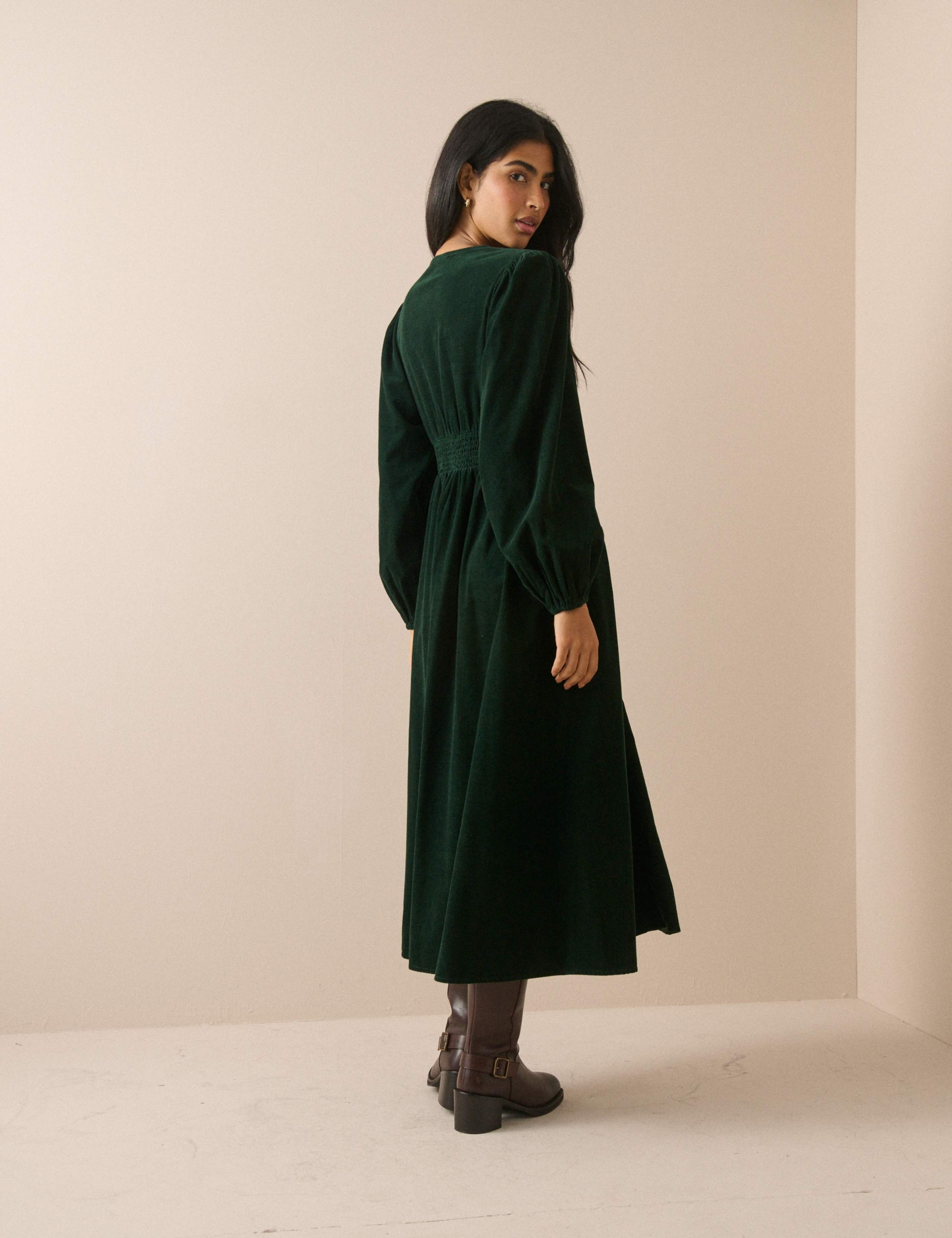 Cord V-Neck Midi Waisted Dress 2 of 5