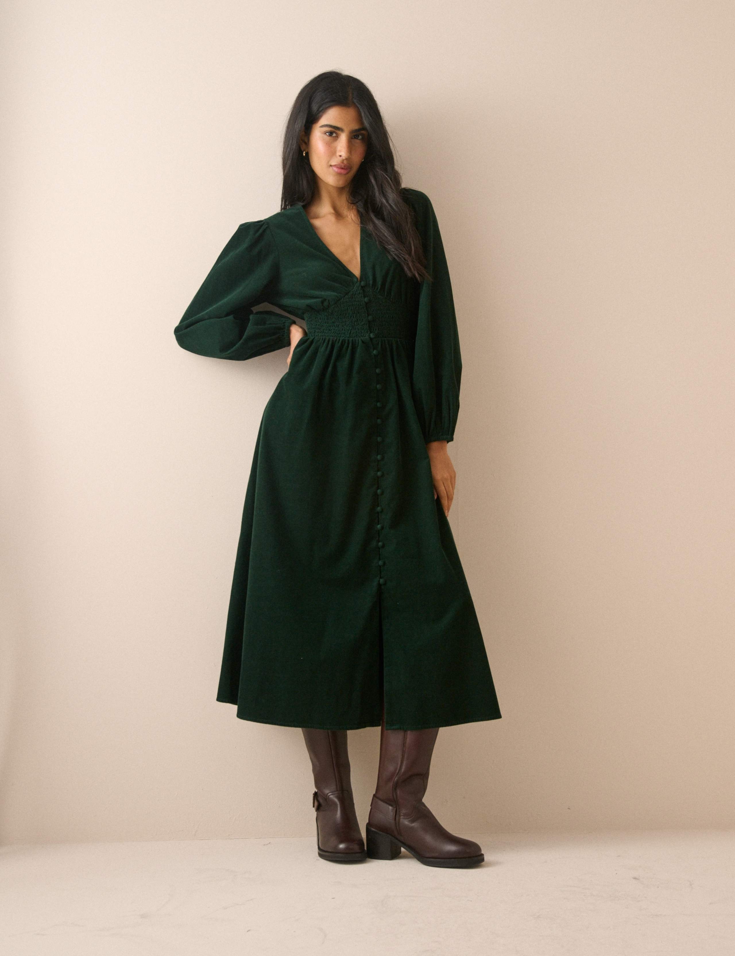 Cord V-Neck Midi Waisted Dress 3 of 5