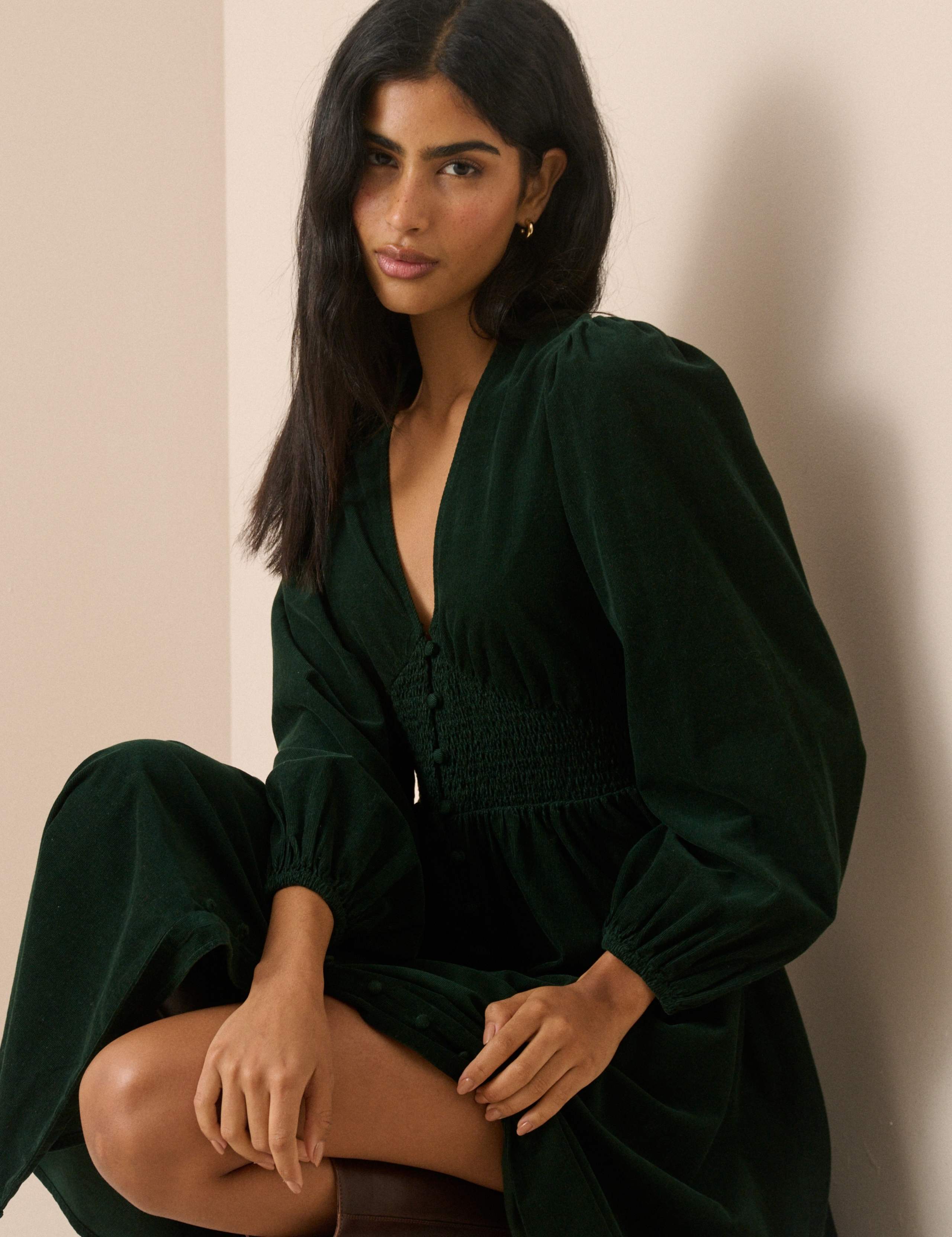 Cord V-Neck Midi Waisted Dress 4 of 5