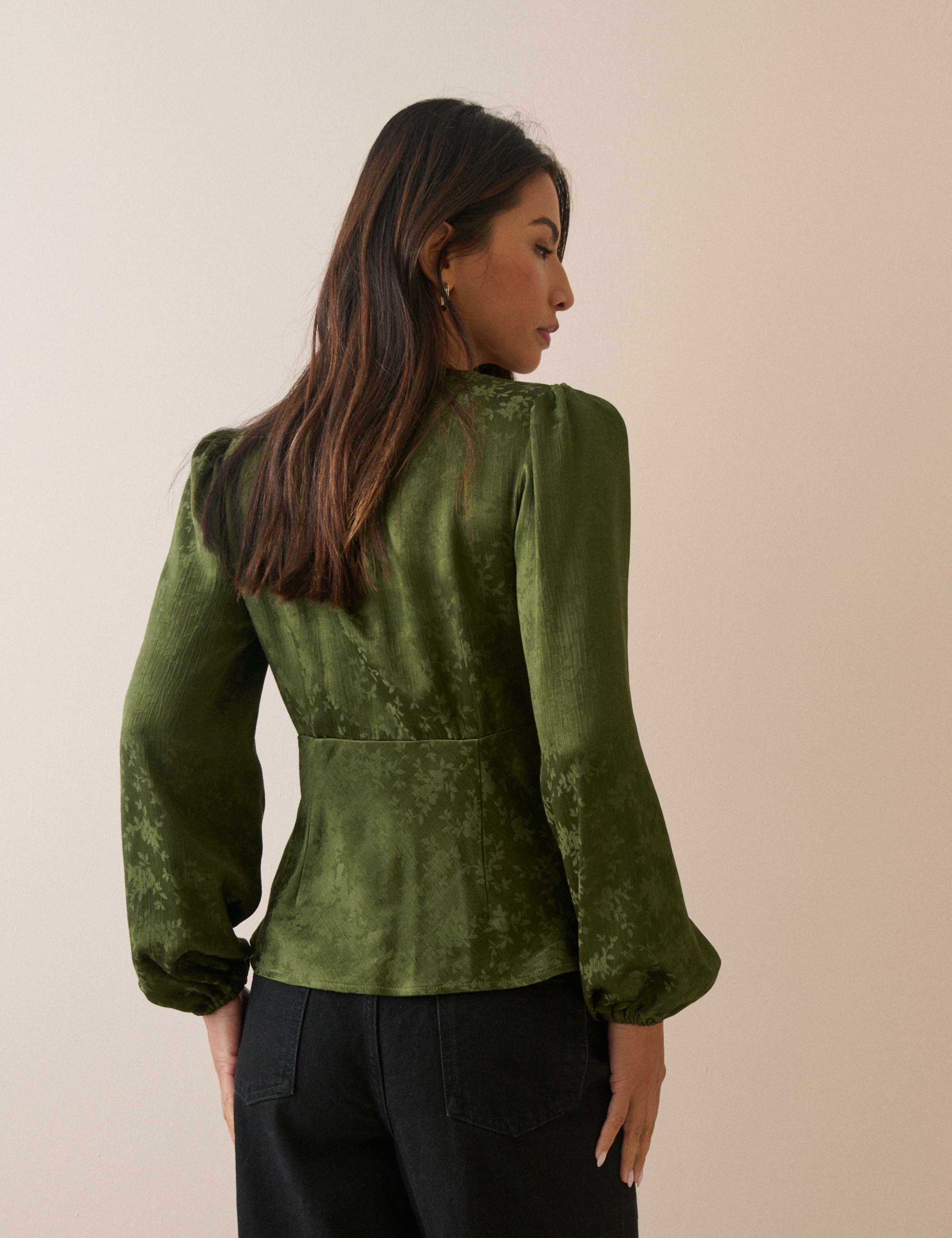 Satin Leaf Print Lace Detail V-Neck Blouse 2 of 5