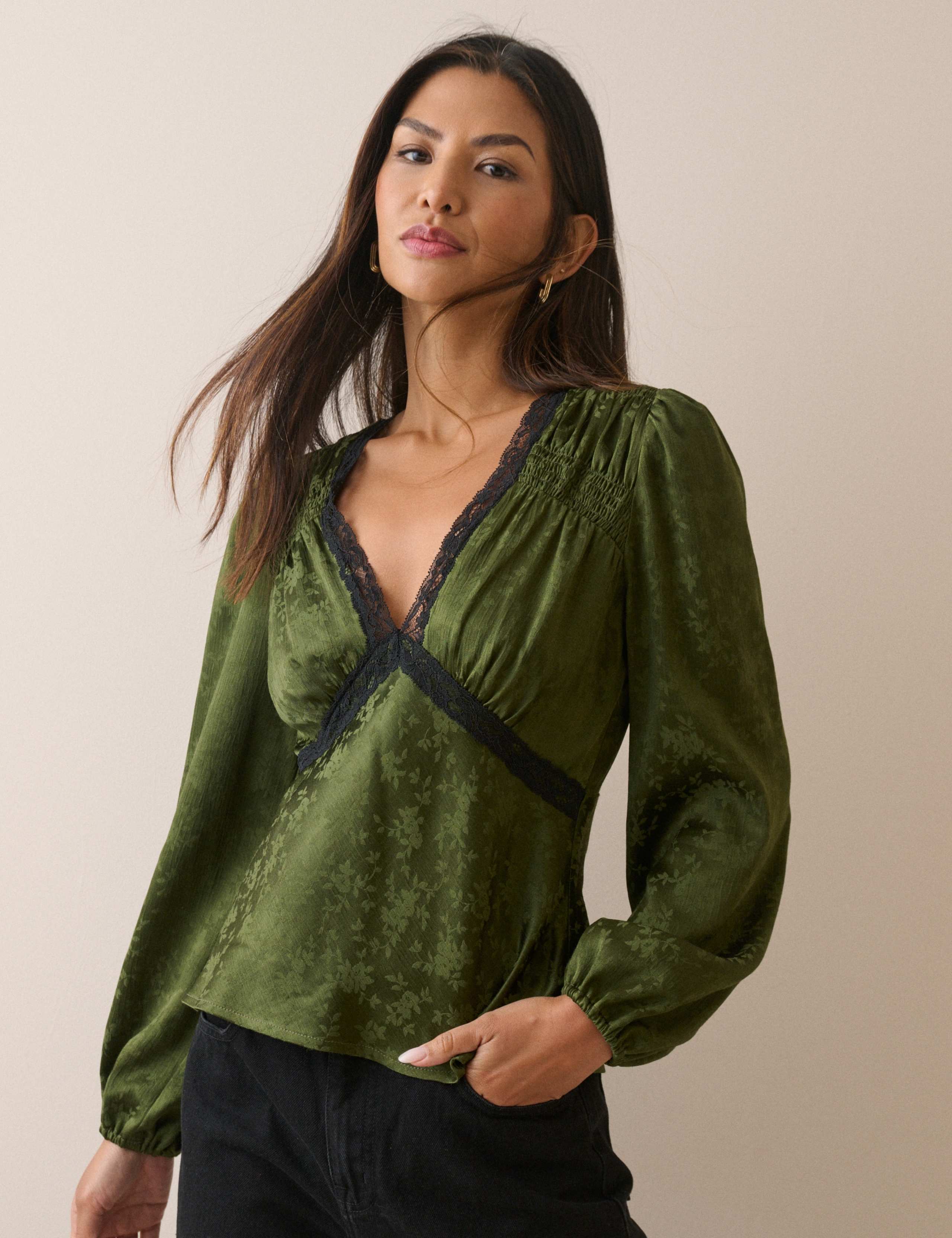 Satin Leaf Print Lace Detail V-Neck Blouse 3 of 5