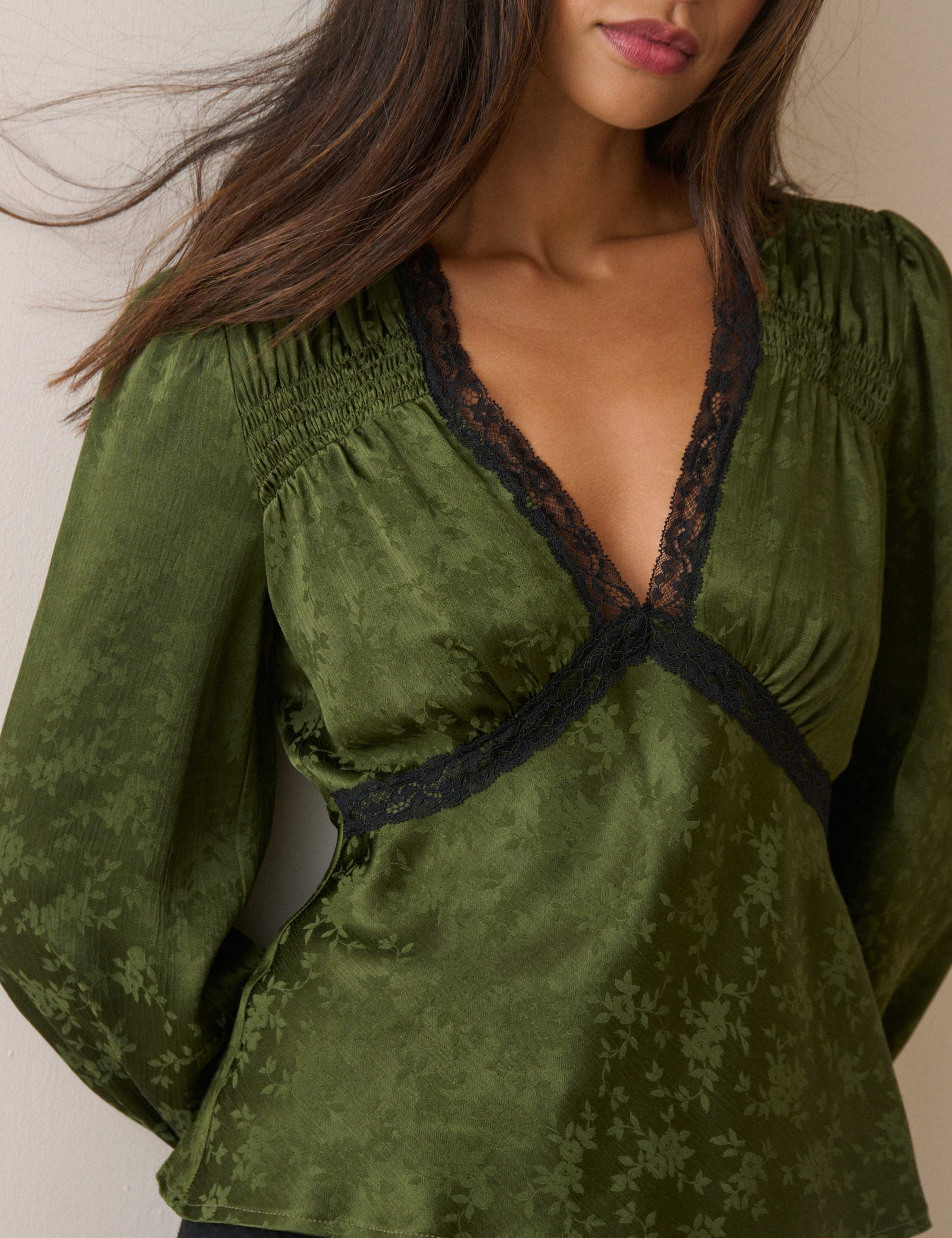 Satin Leaf Print Lace Detail V-Neck Blouse 5 of 5