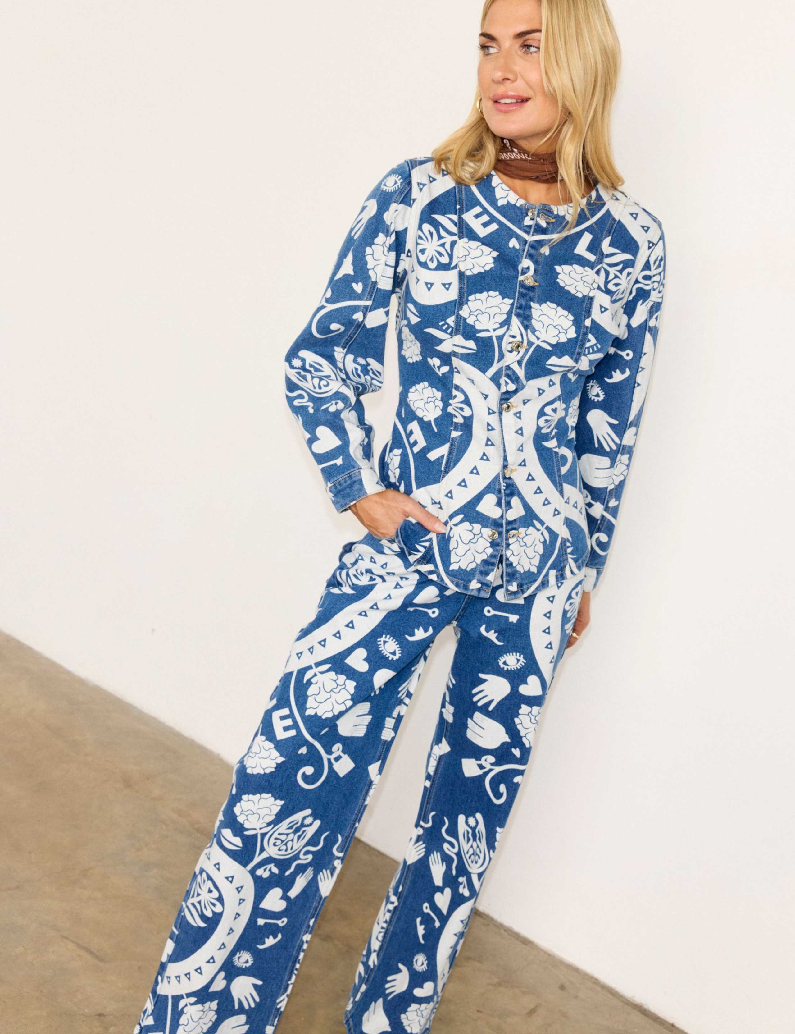 Cotton Rich Denim Printed Collarless Jacket 4 of 4