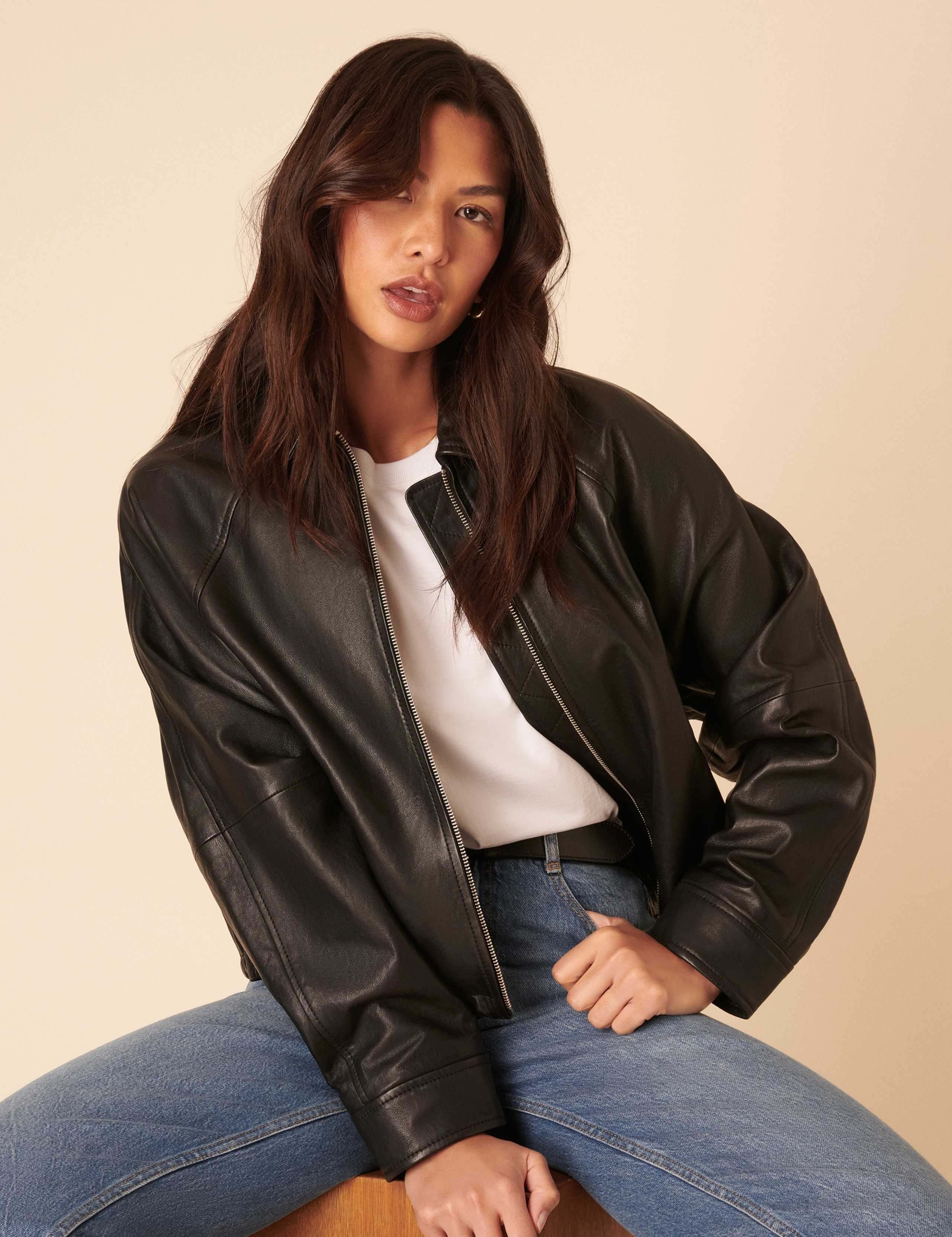 Leather Cropped Bomber Jacket 2 of 5