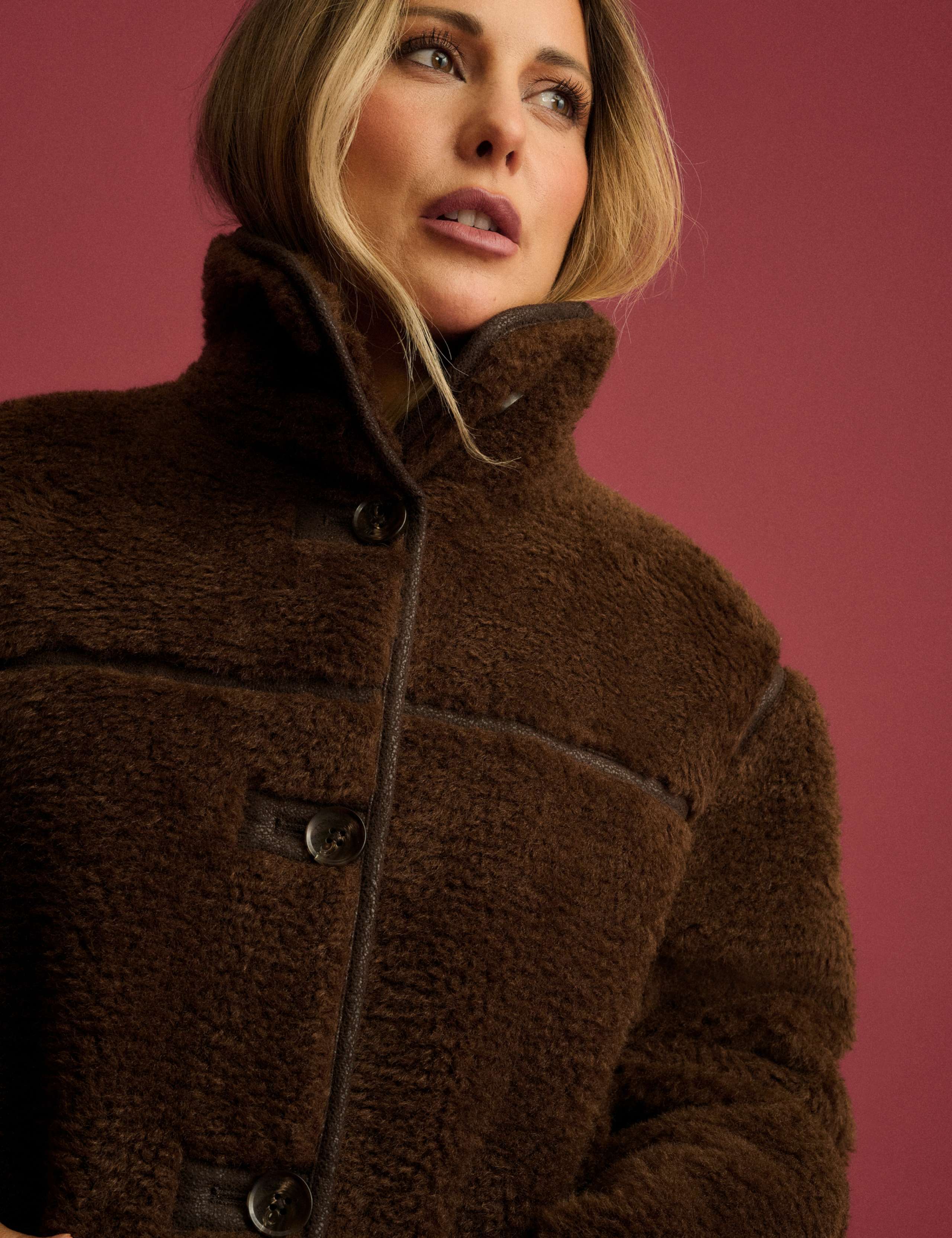 Funnel Neck Shearling Fur Coat 2 of 7