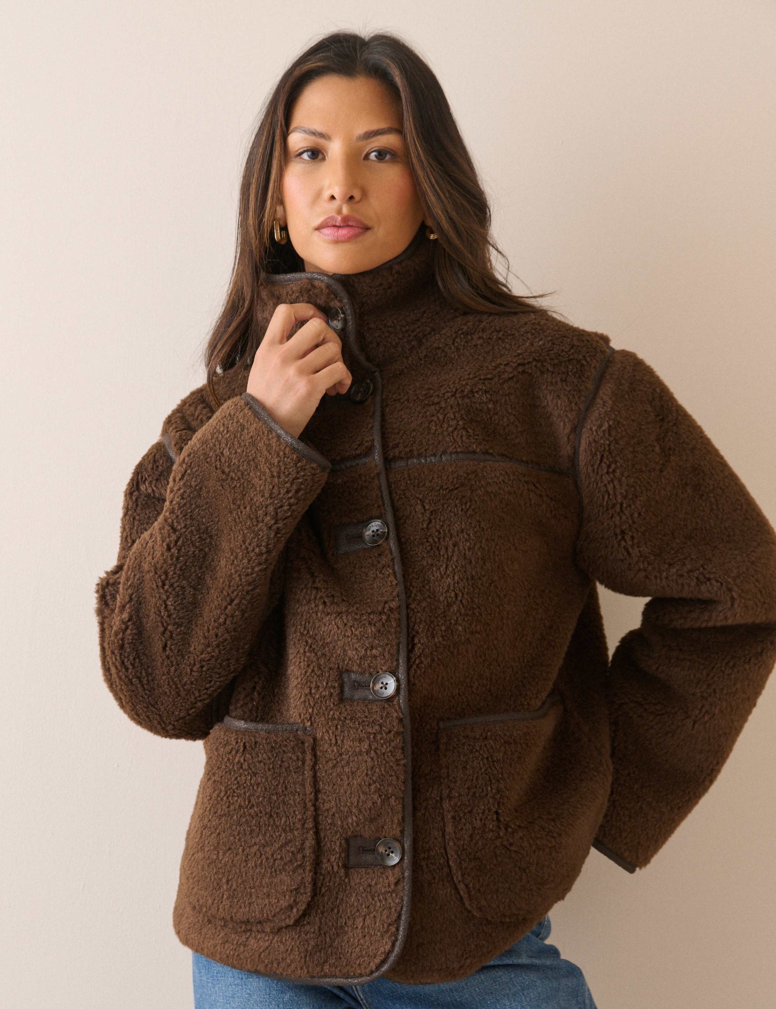 Funnel Neck Shearling Fur Coat 3 of 7