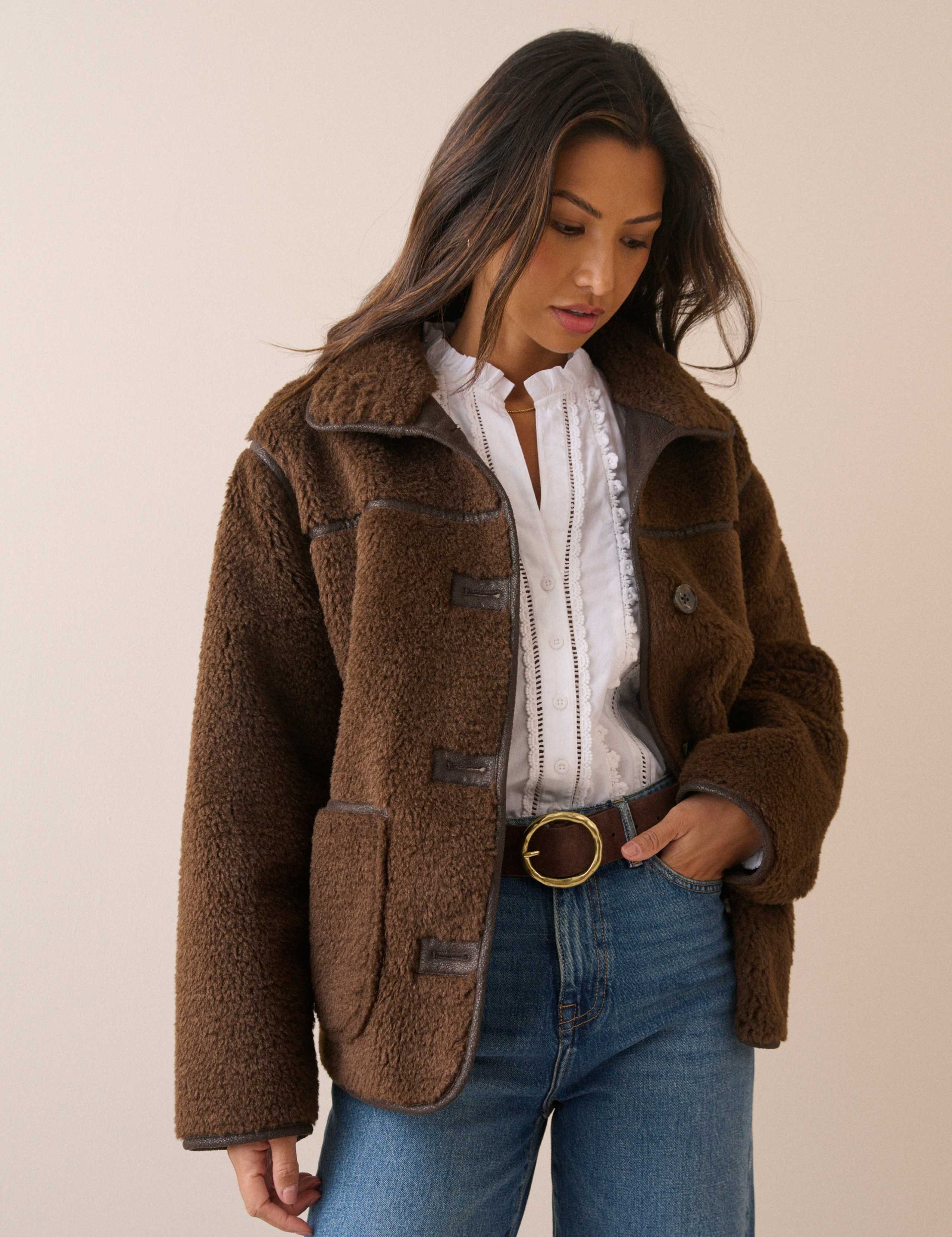 Funnel Neck Shearling Fur Coat 4 of 7