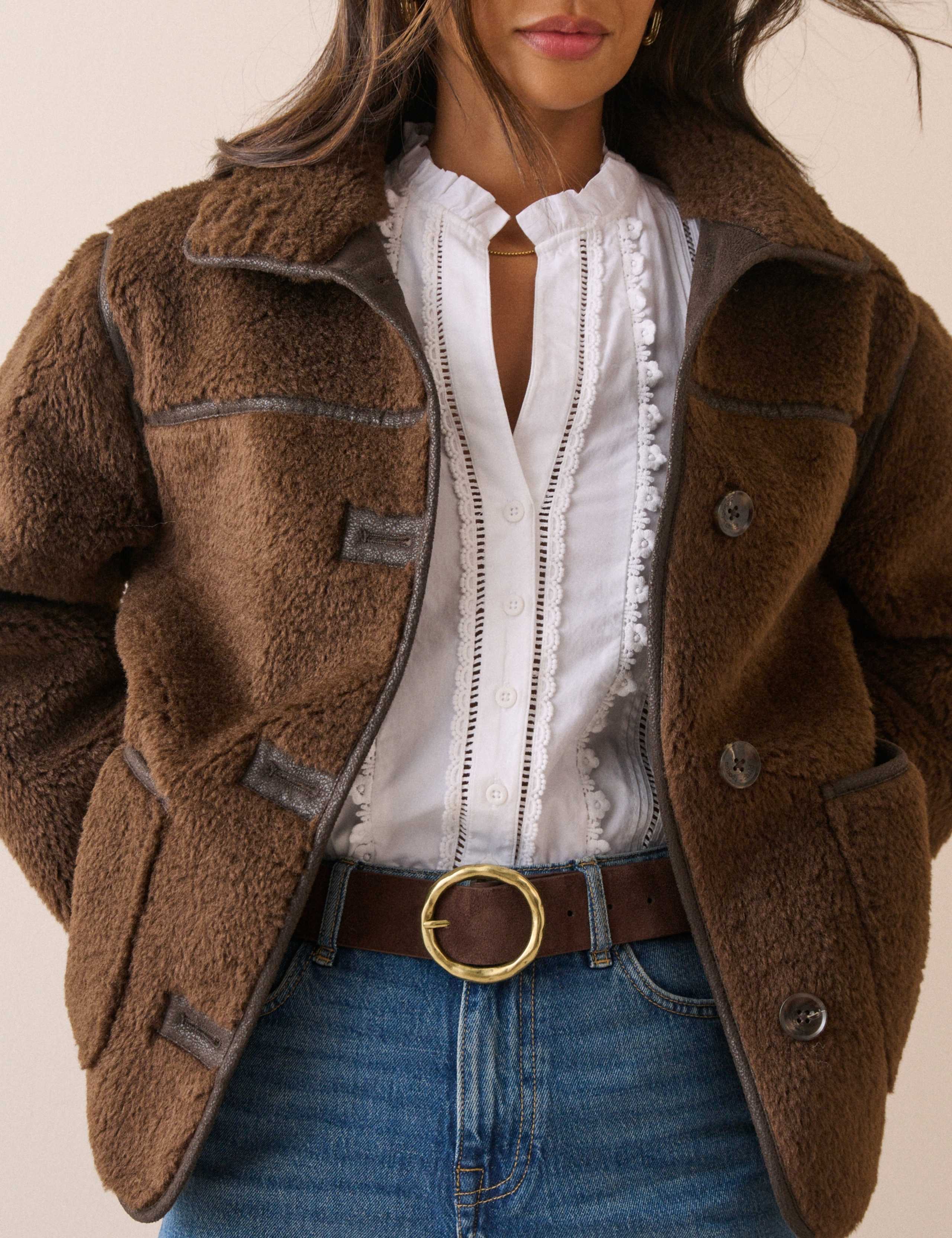 Funnel Neck Shearling Fur Coat 6 of 7