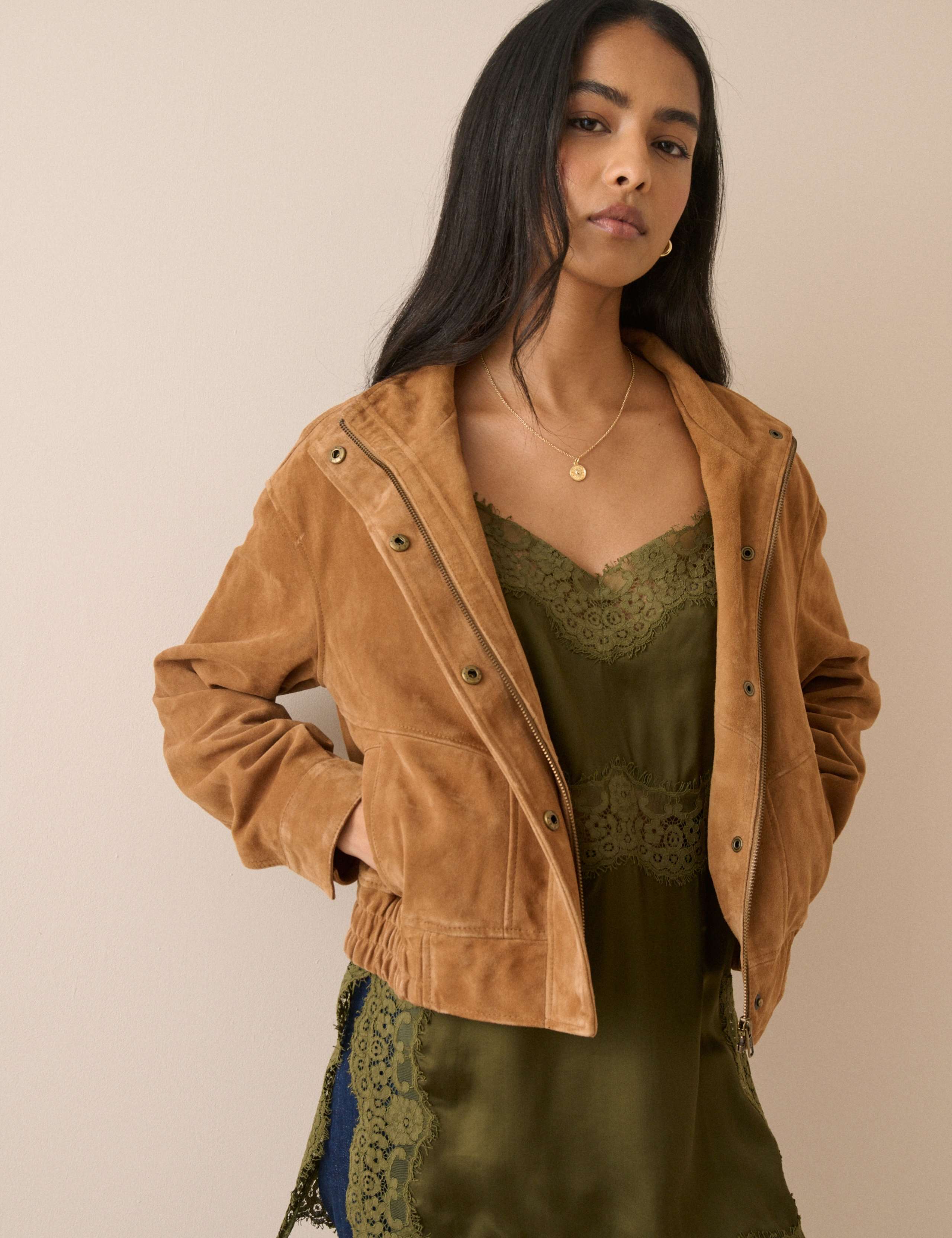 Suede Funnel Neck Bomber Jacket 1 of 5