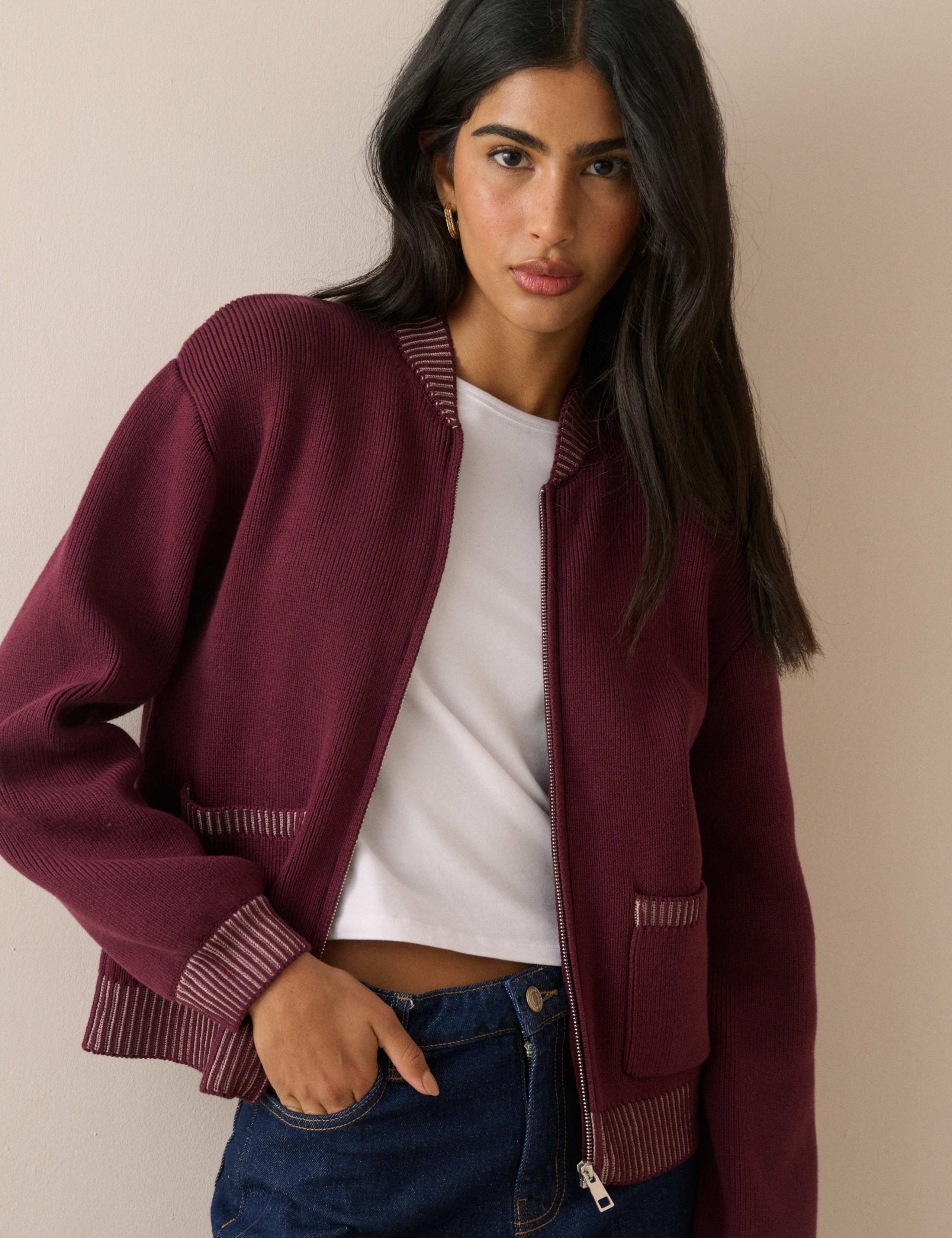 Pure Cotton Relaxed Knitted Bomber Jacket 2 of 5