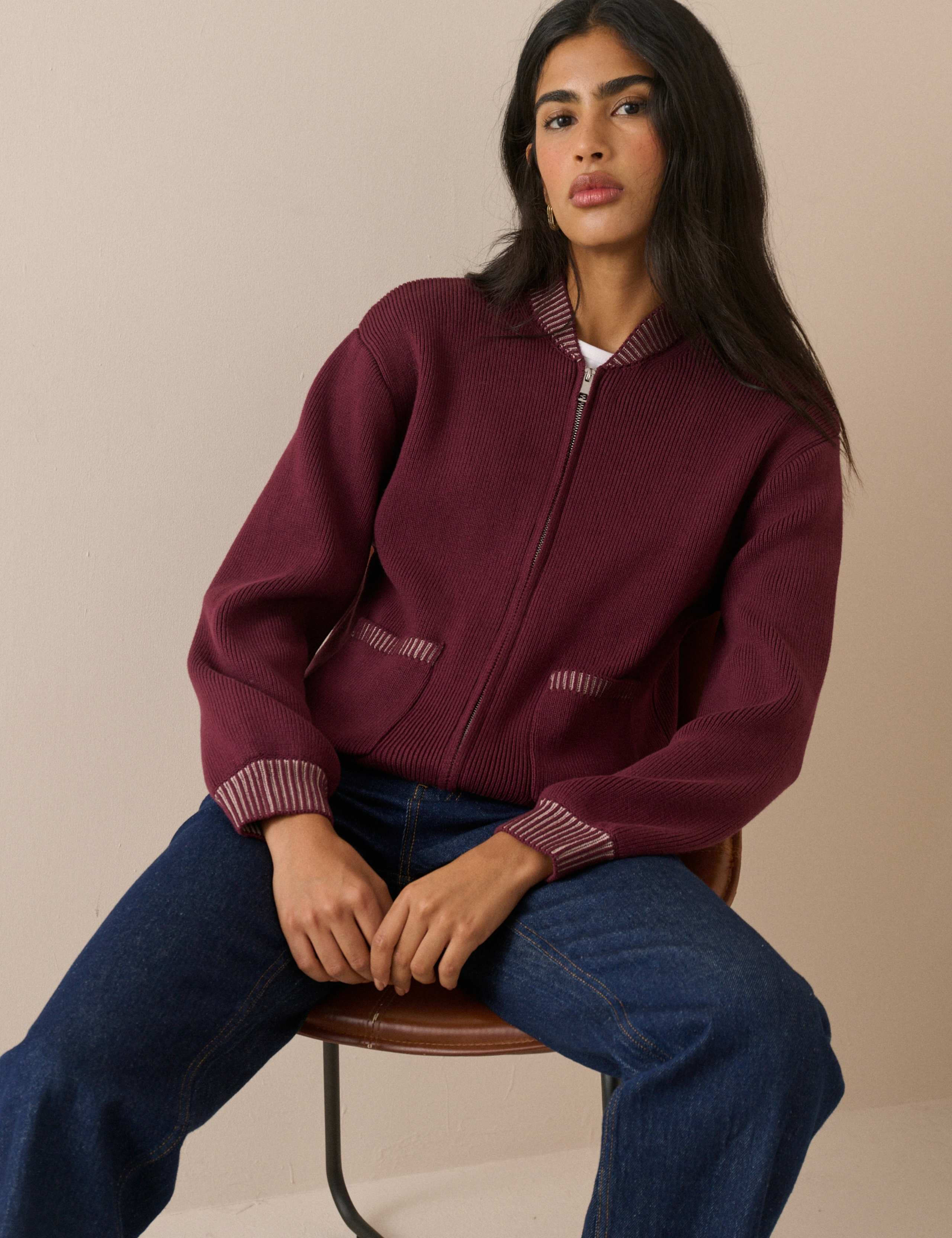 Pure Cotton Relaxed Knitted Bomber Jacket 3 of 5