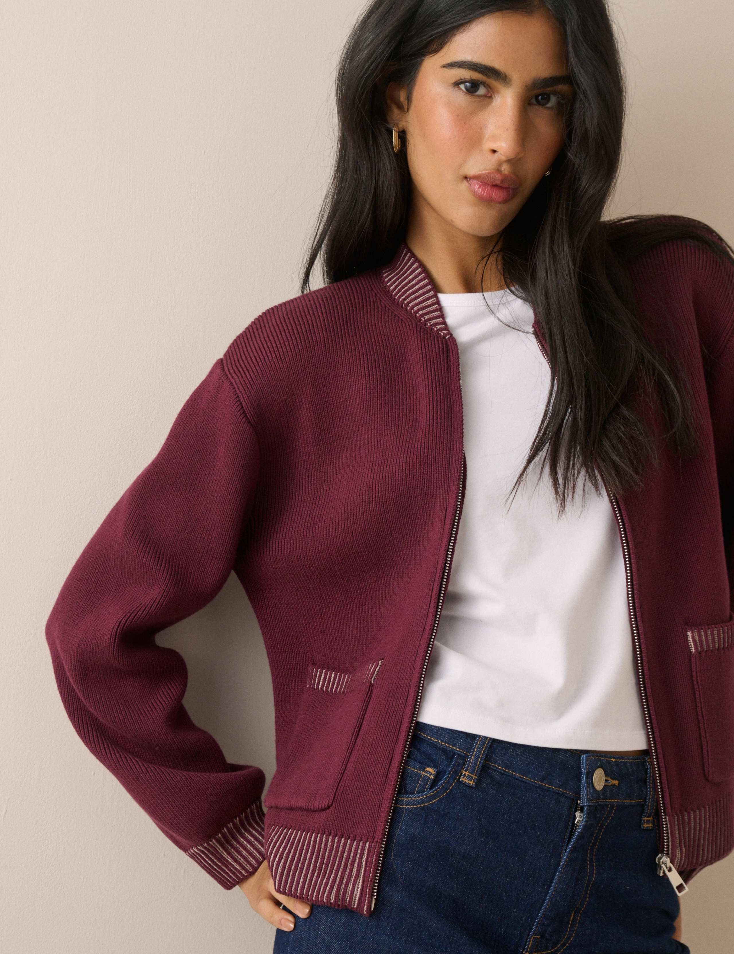 Pure Cotton Relaxed Knitted Bomber Jacket 5 of 5