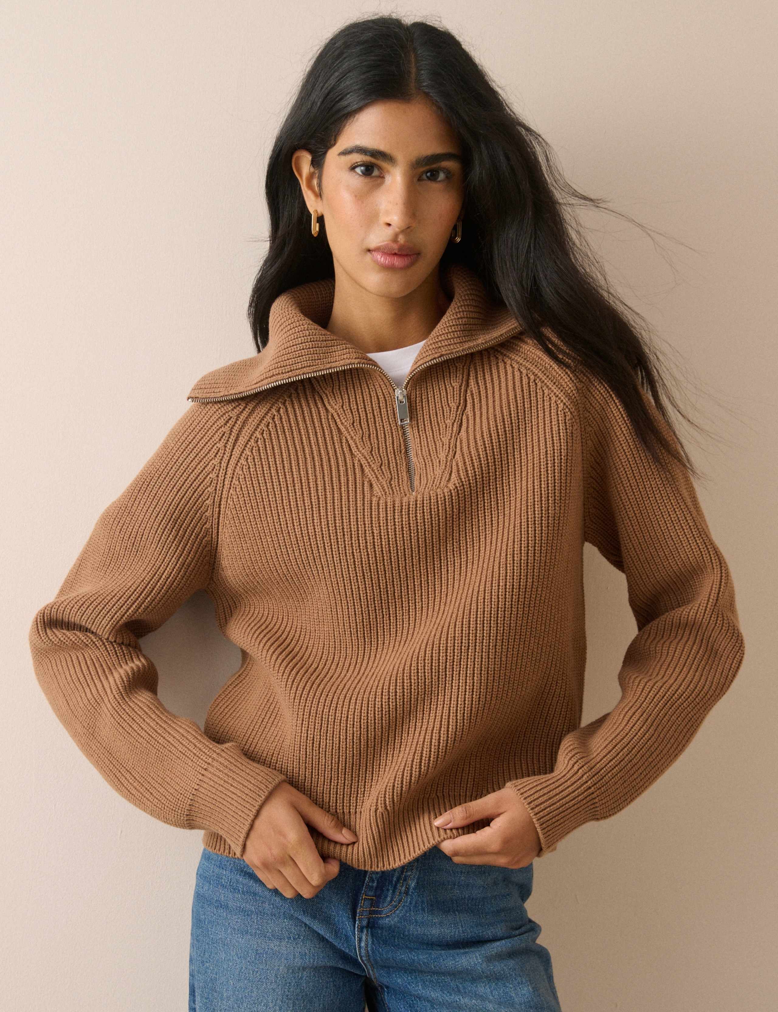 Cotton Rich Ribbed Collared Half Zip Jumper 1 of 5
