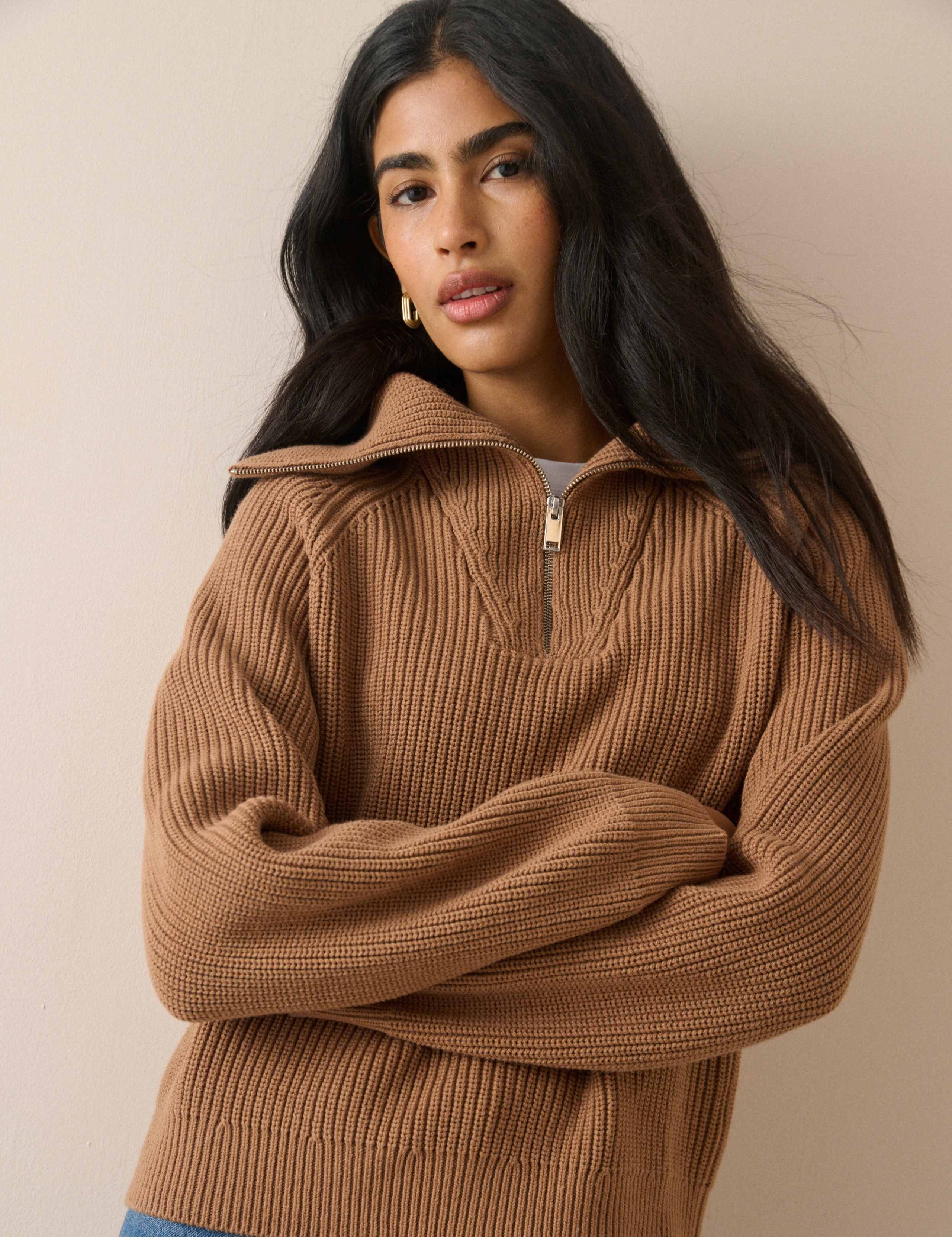 Cotton Rich Ribbed Collared Half Zip Jumper 3 of 5