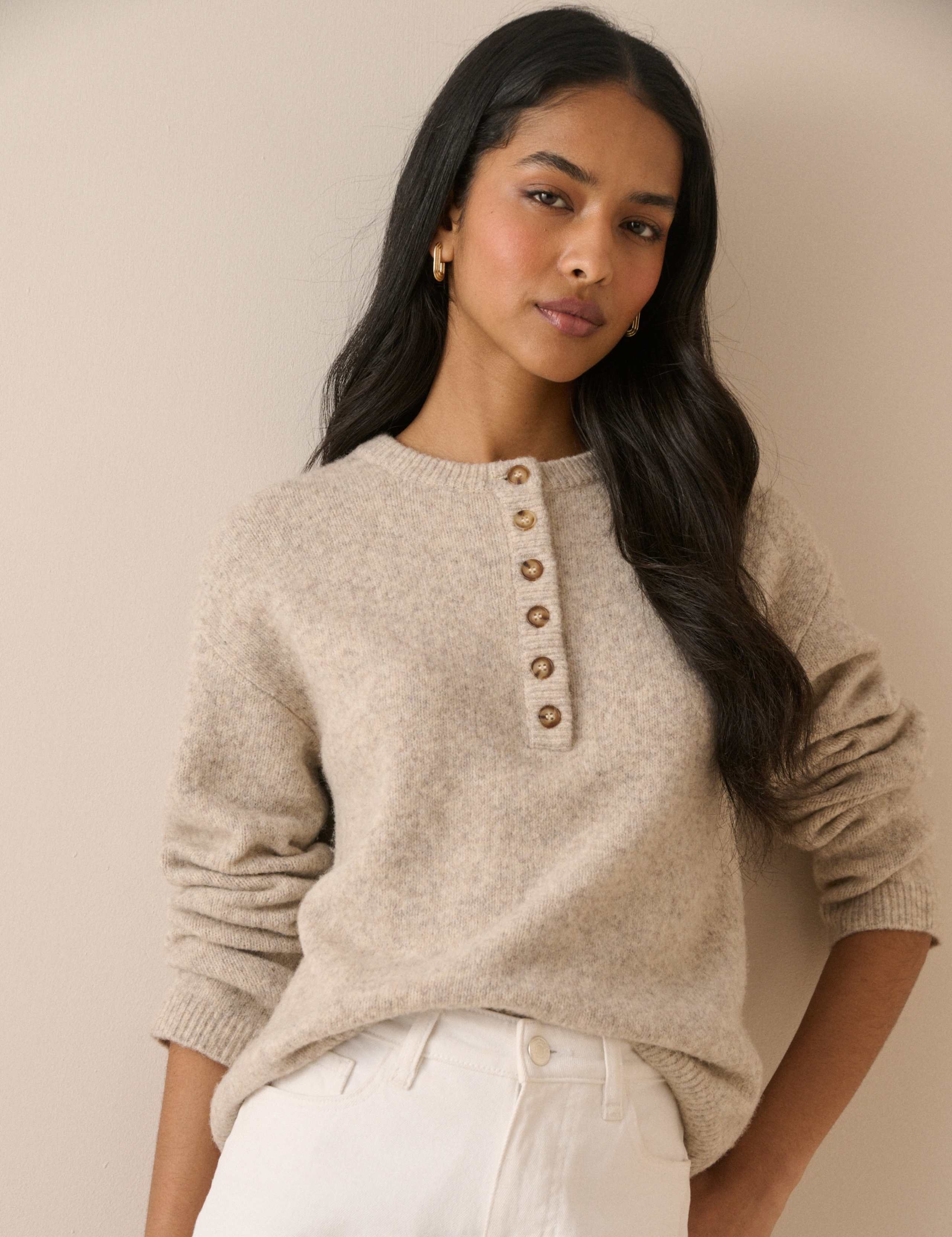 Henley Crew Neck Jumper With Wool 1 of 5