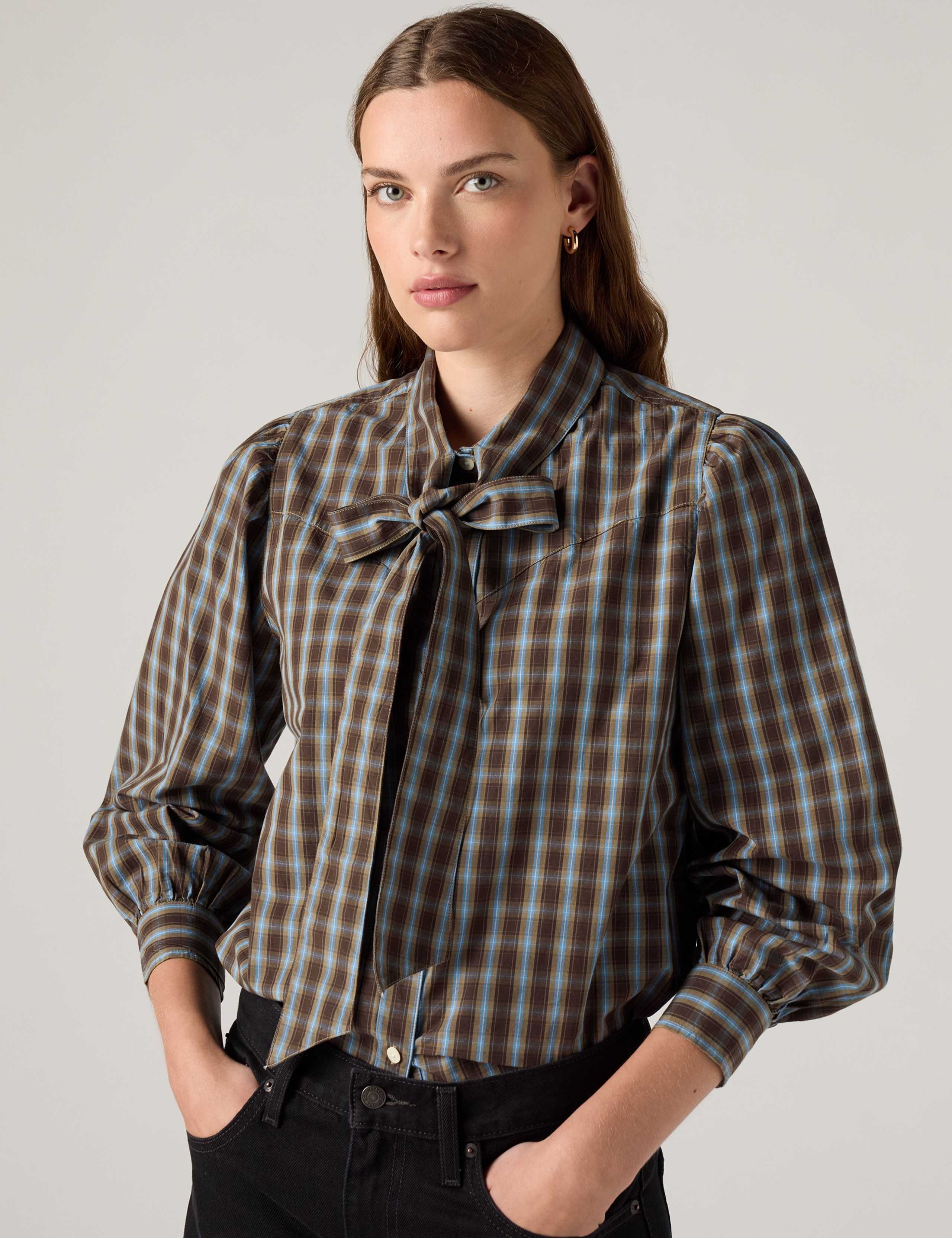 Pure Cotton Checked Tie Neck Shirt 1 of 6