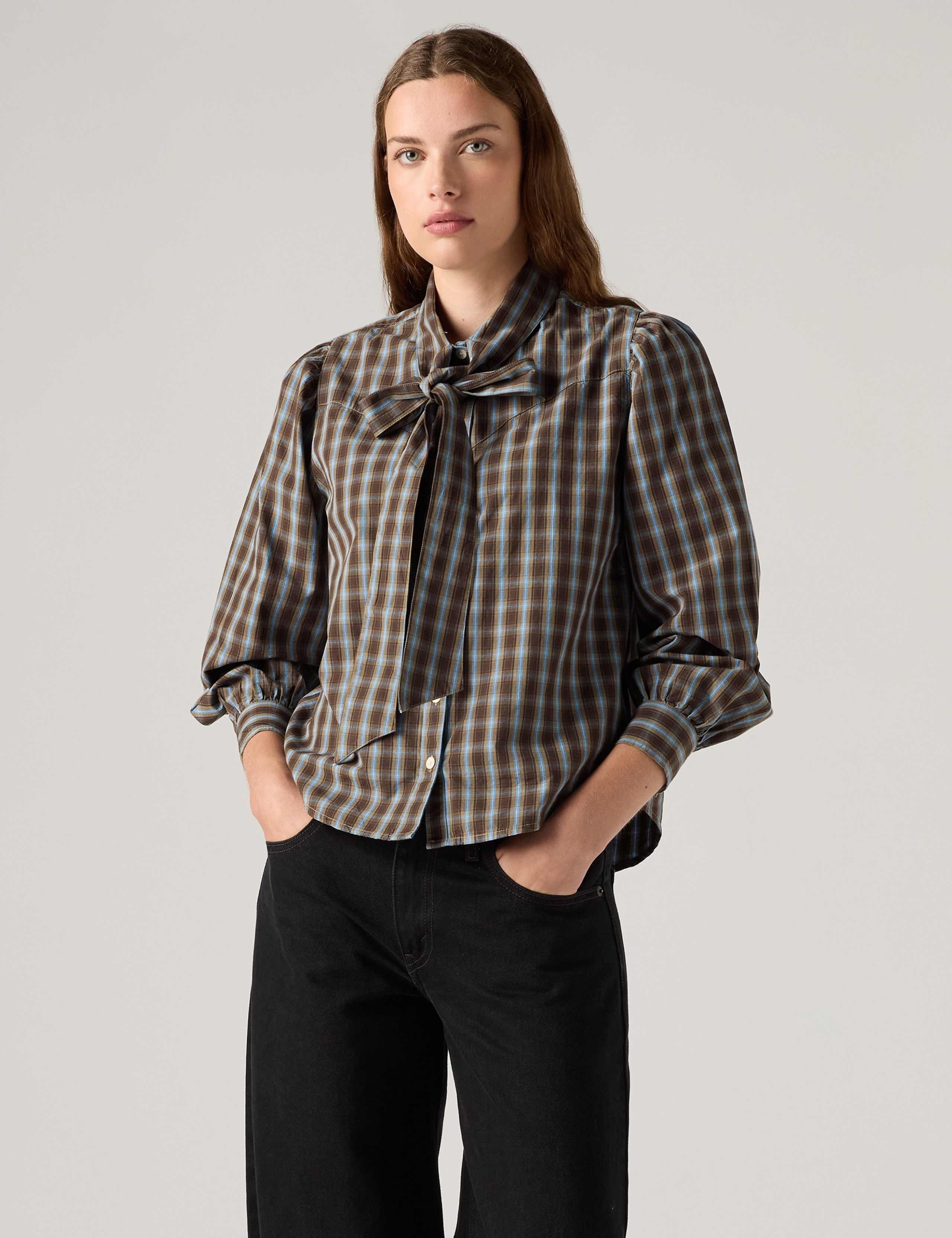 Pure Cotton Checked Tie Neck Shirt 5 of 6