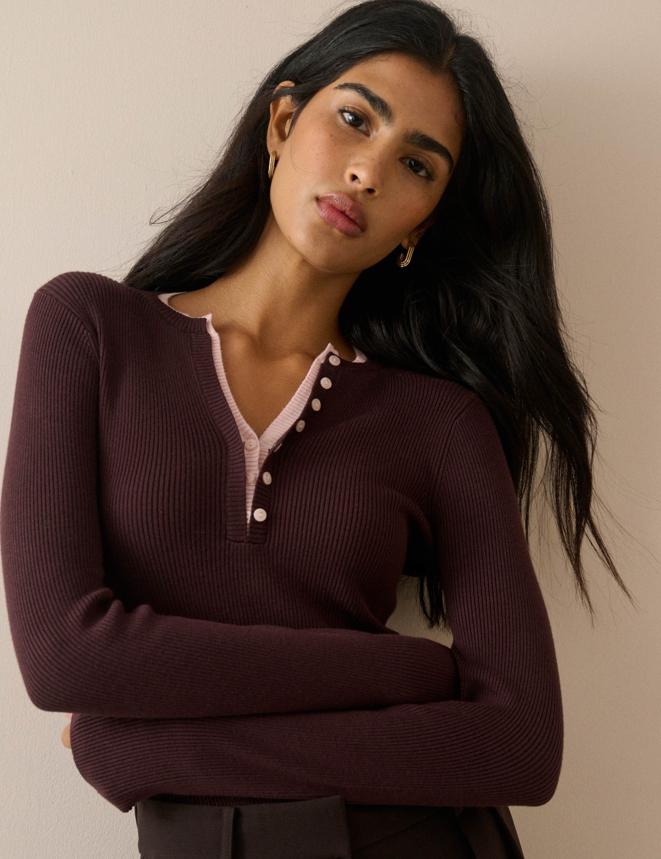 Double Layered Fitted Henley Top 1 of 5