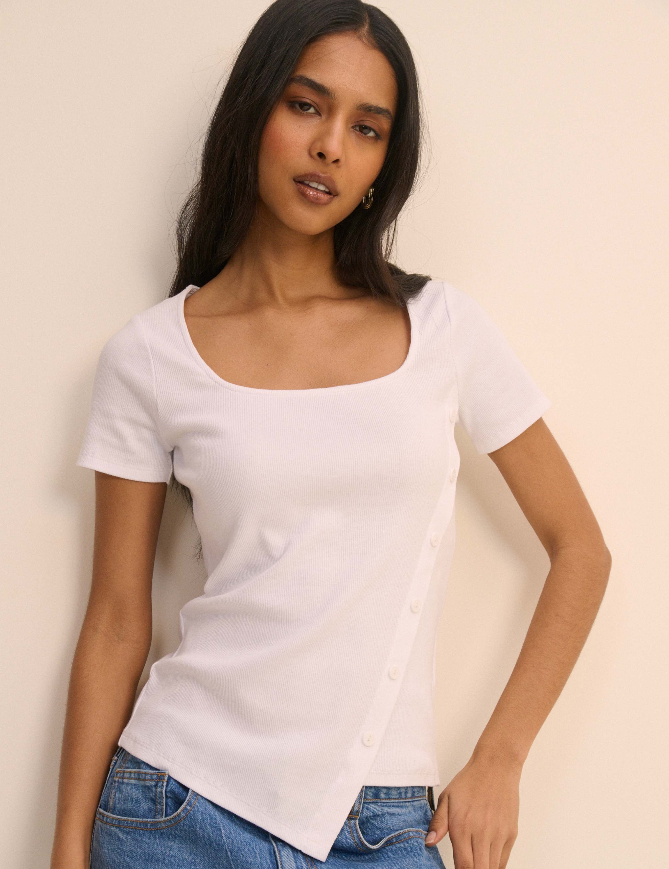Cotton Rich Ribbed Square Neck Asymmetric Fitted T-Shirt 1 of 5