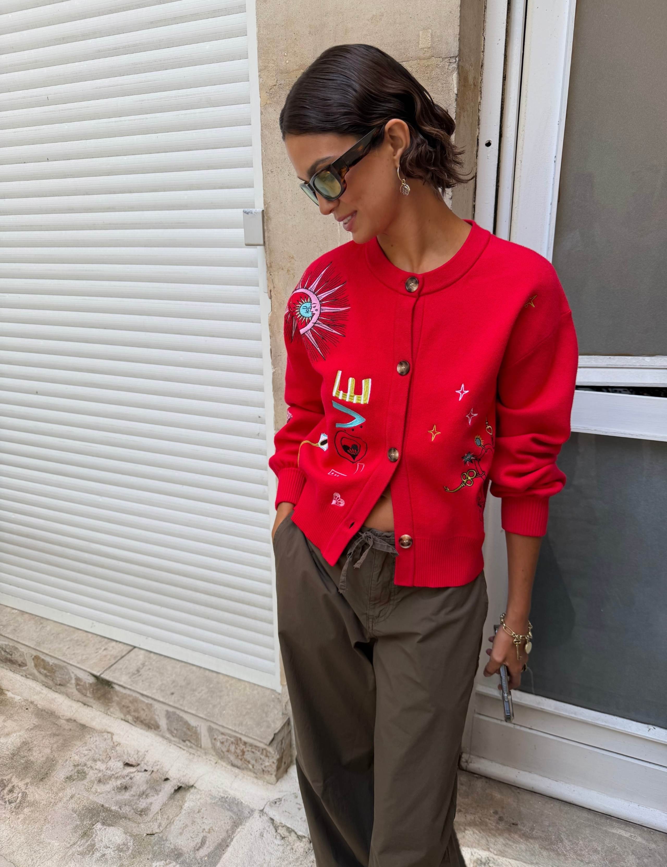 Embroidered Crew Neck Relaxed Cardigan 1 of 5
