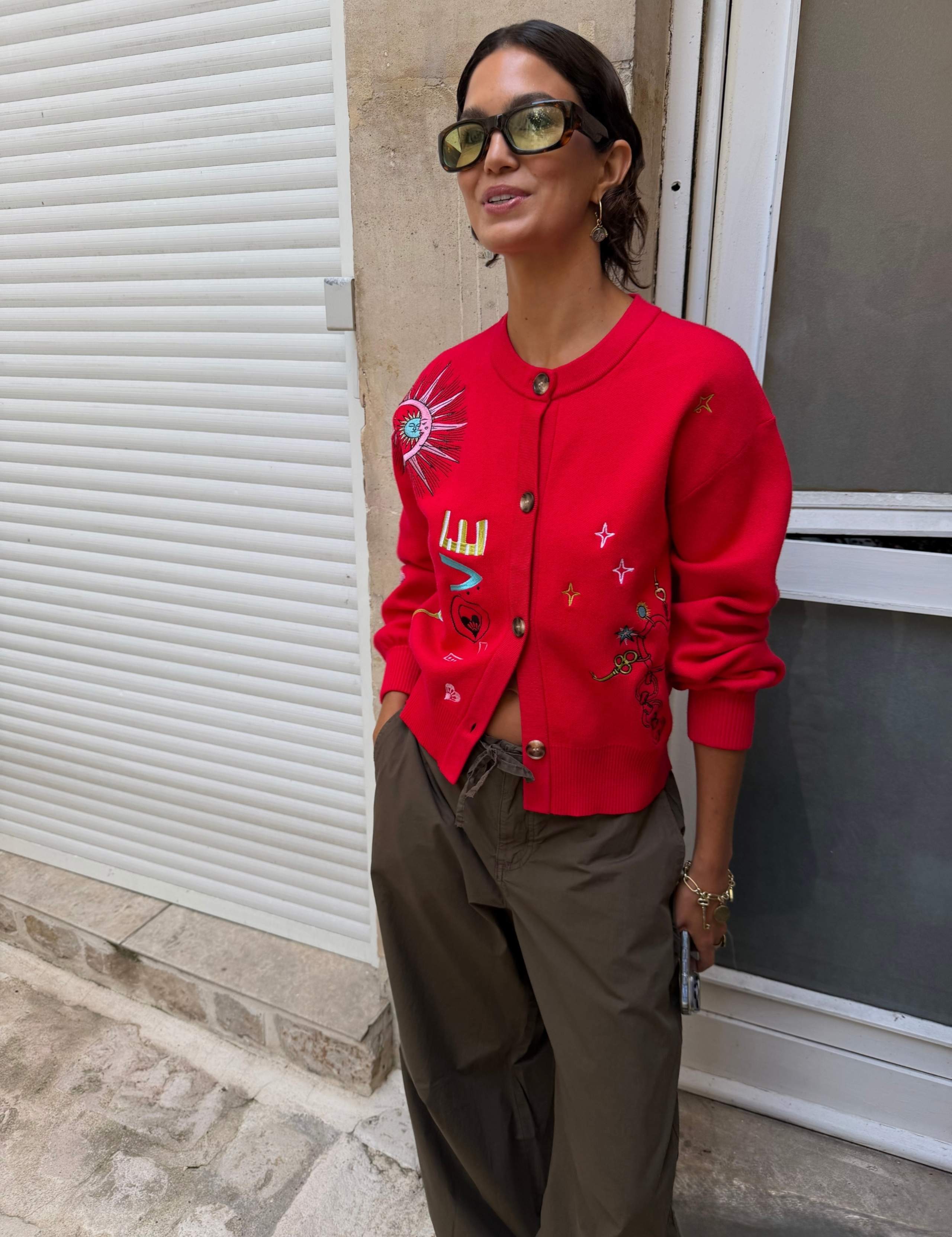 Embroidered Crew Neck Relaxed Cardigan 4 of 5