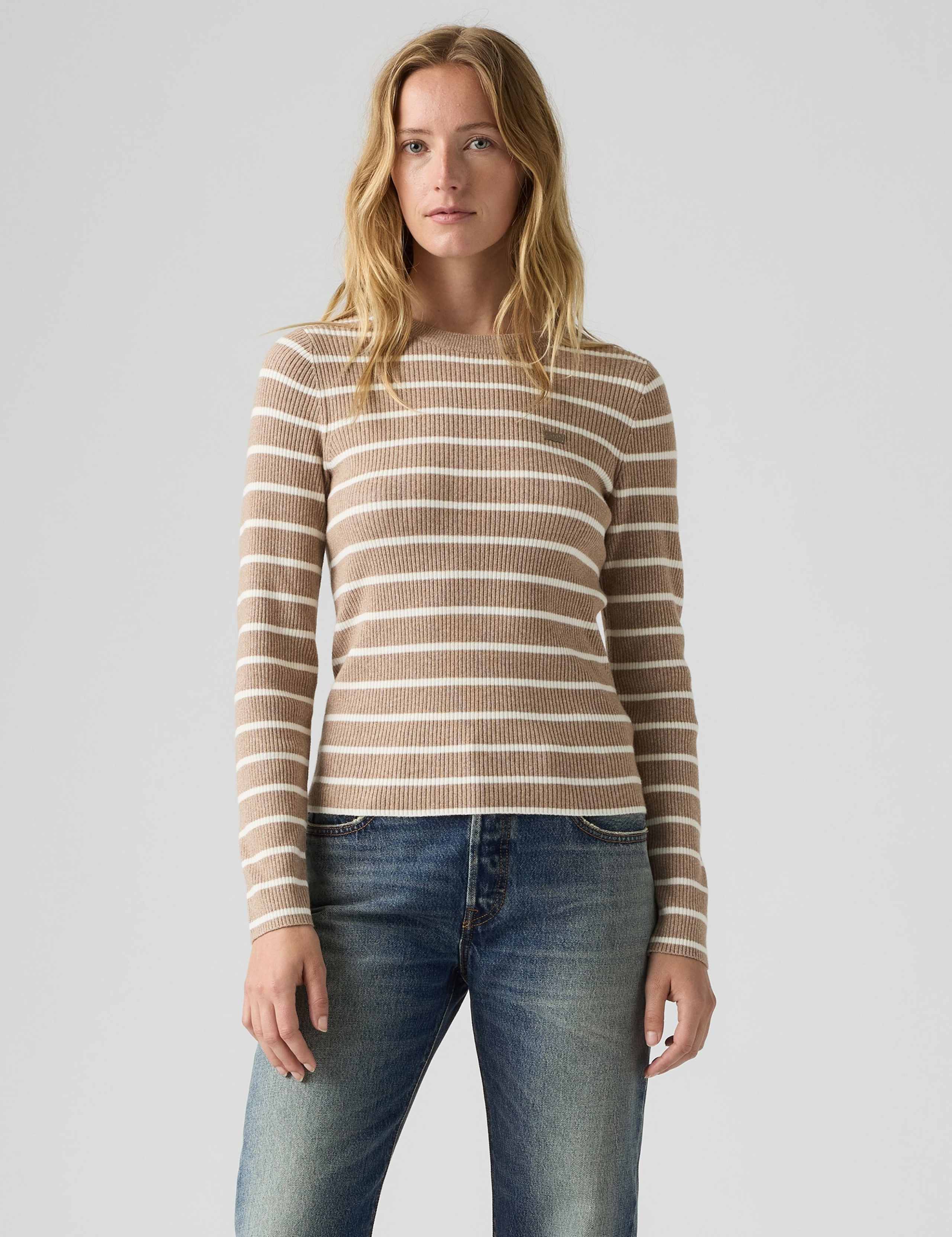 Cotton Blend Striped Ribbed Crew Neck Jumper 2 of 4