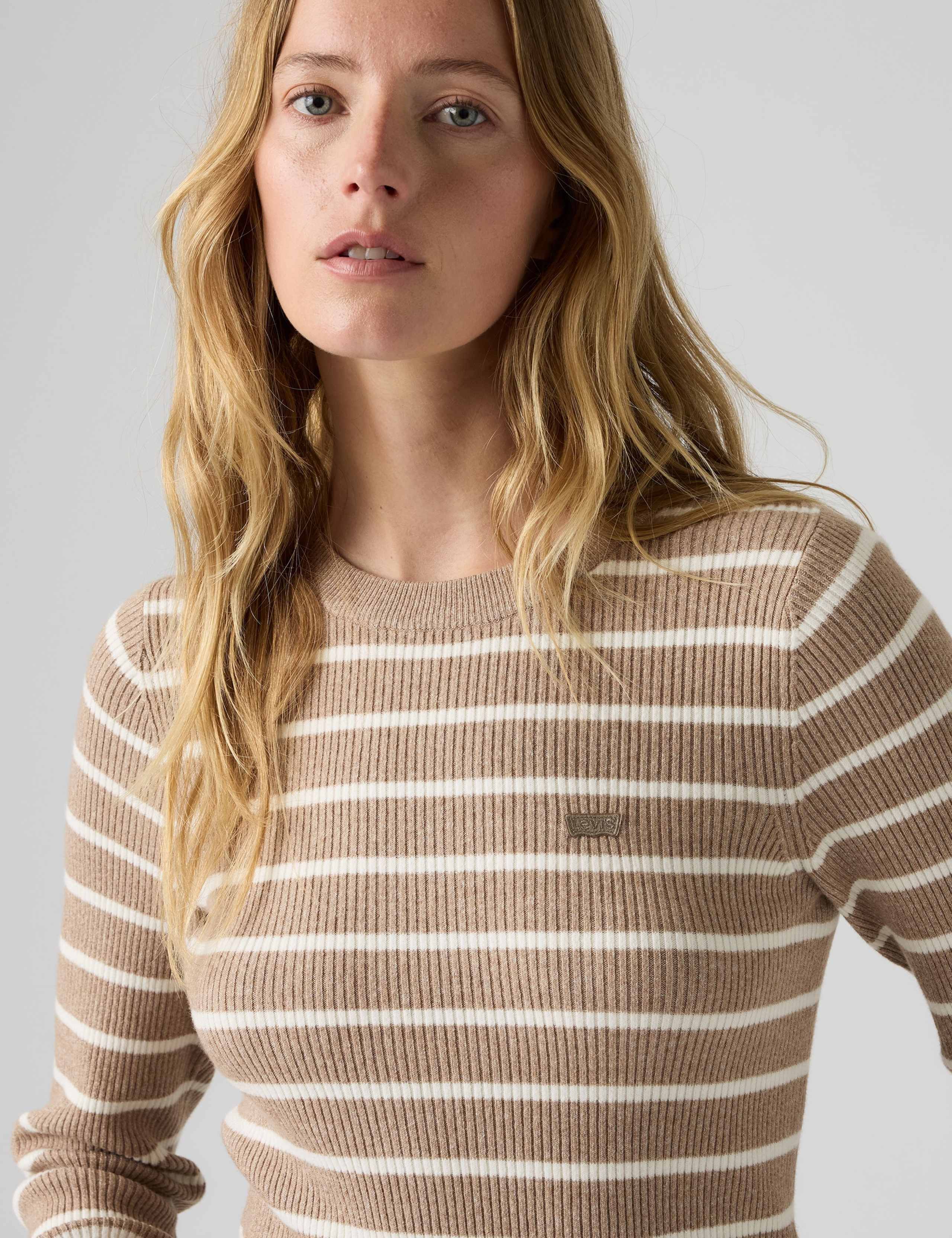 Cotton Blend Striped Ribbed Crew Neck Jumper 3 of 4