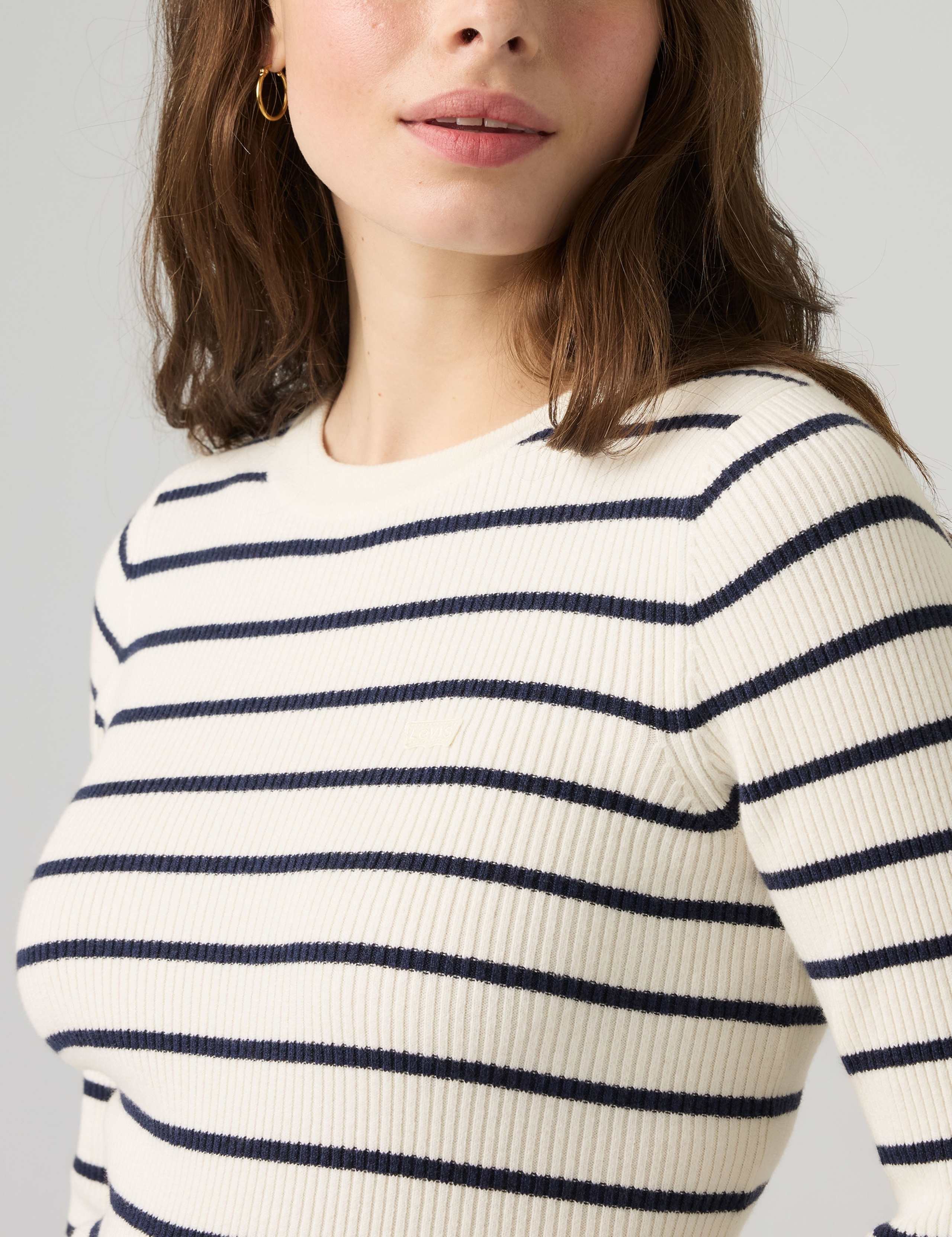 Cotton Blend Striped Ribbed Crew Neck Jumper 4 of 6