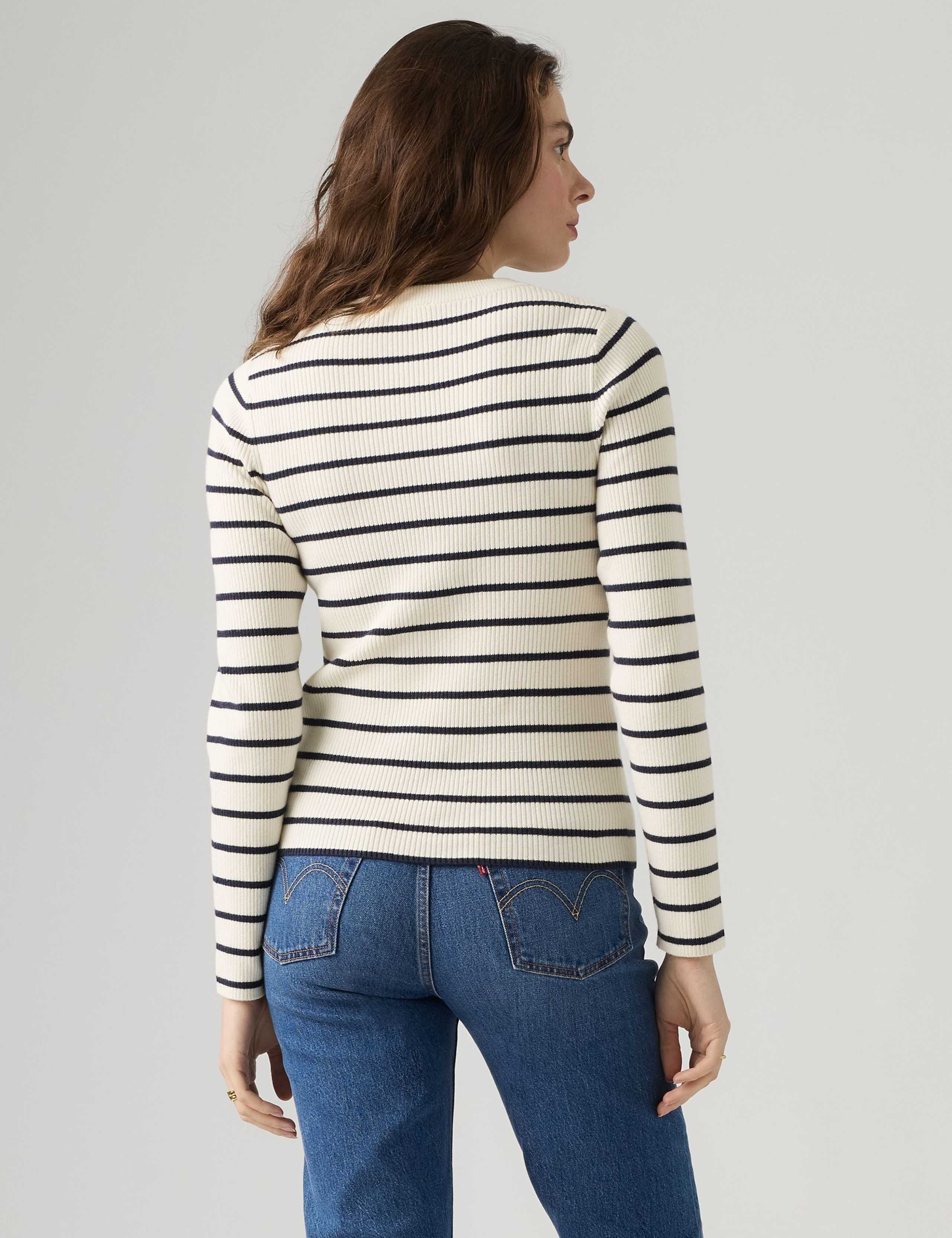 Cotton Blend Striped Ribbed Crew Neck Jumper 5 of 6