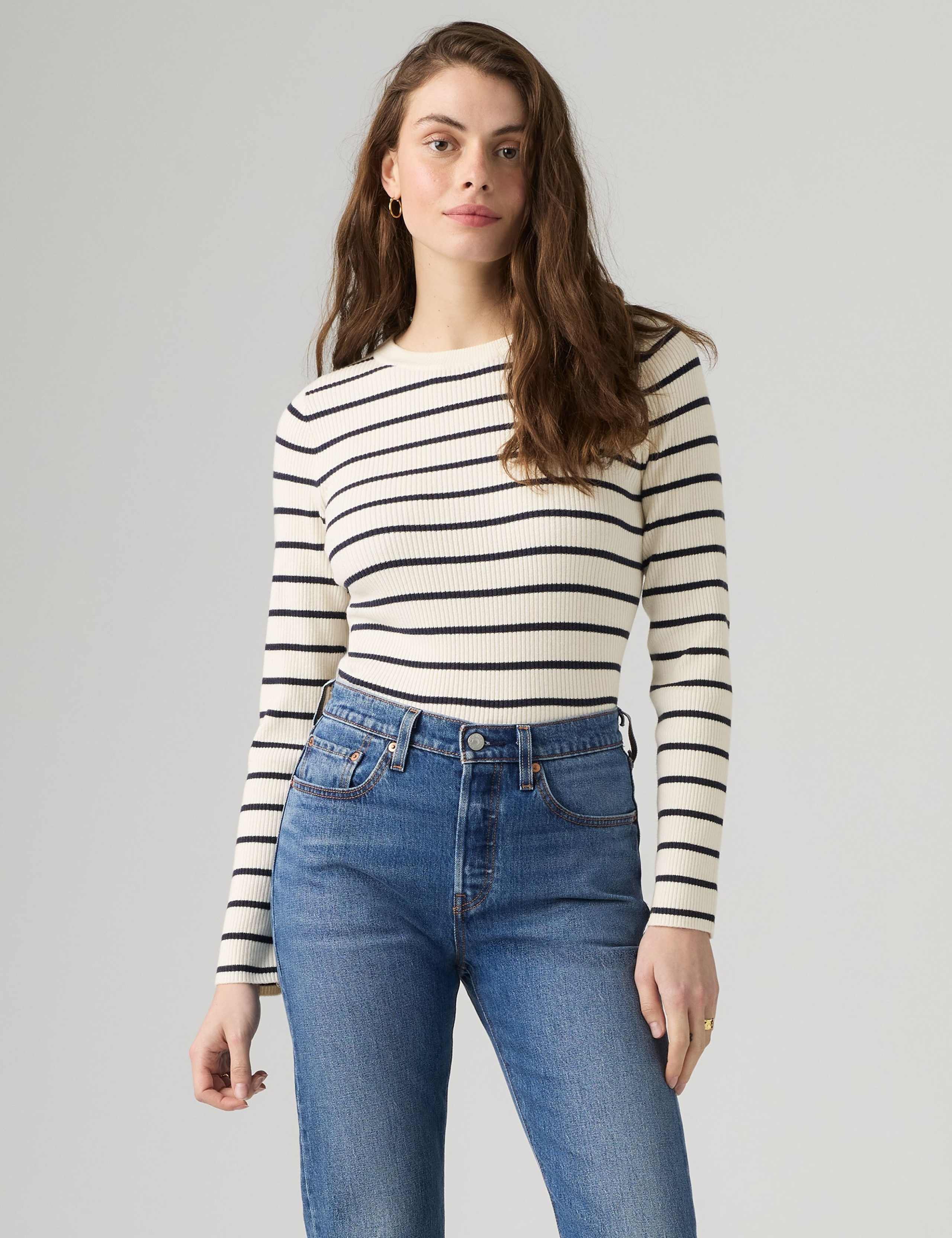 Cotton Blend Striped Ribbed Crew Neck Jumper 6 of 6