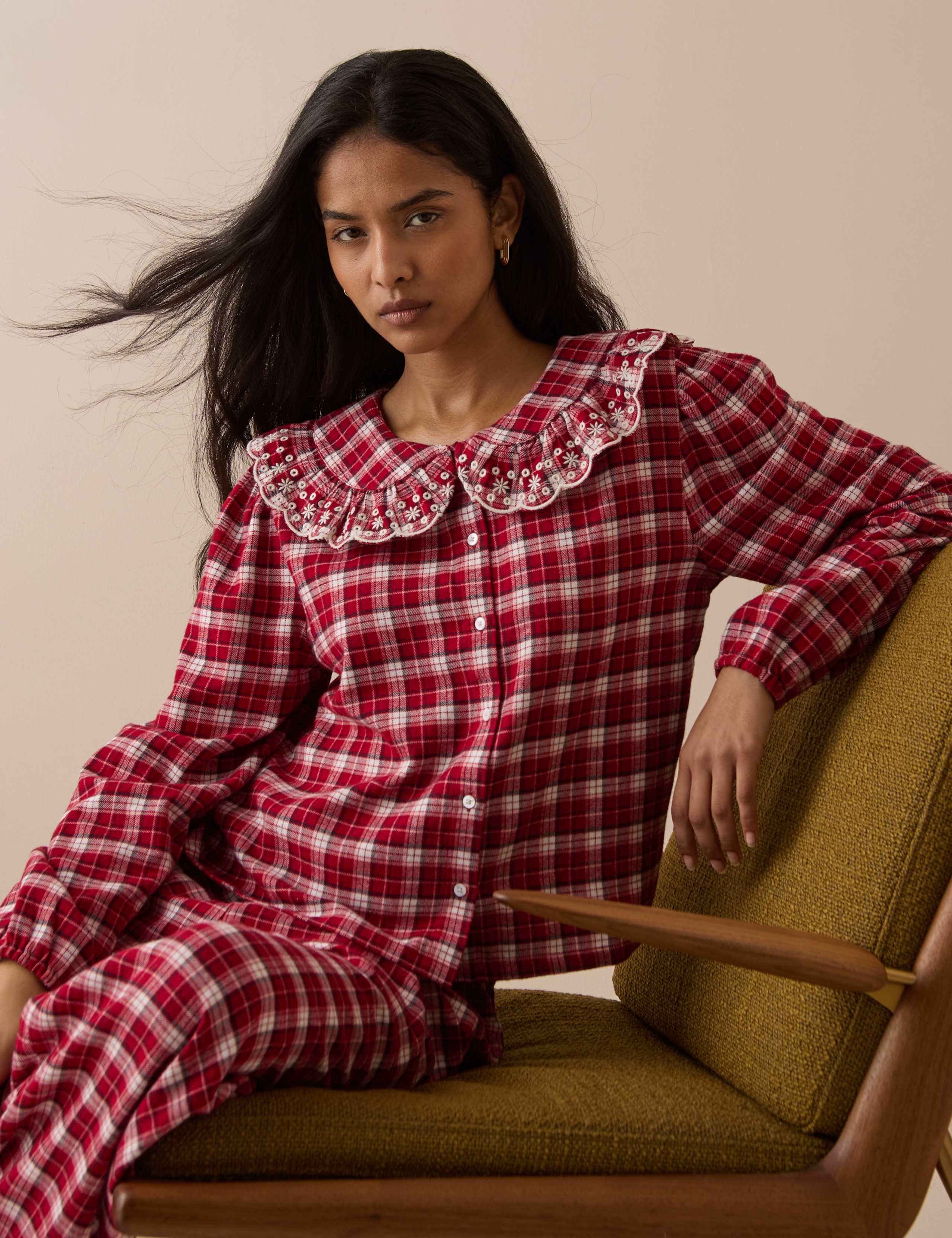 Pure Cotton Brushed Checked Frill Pyjama Top 2 of 5