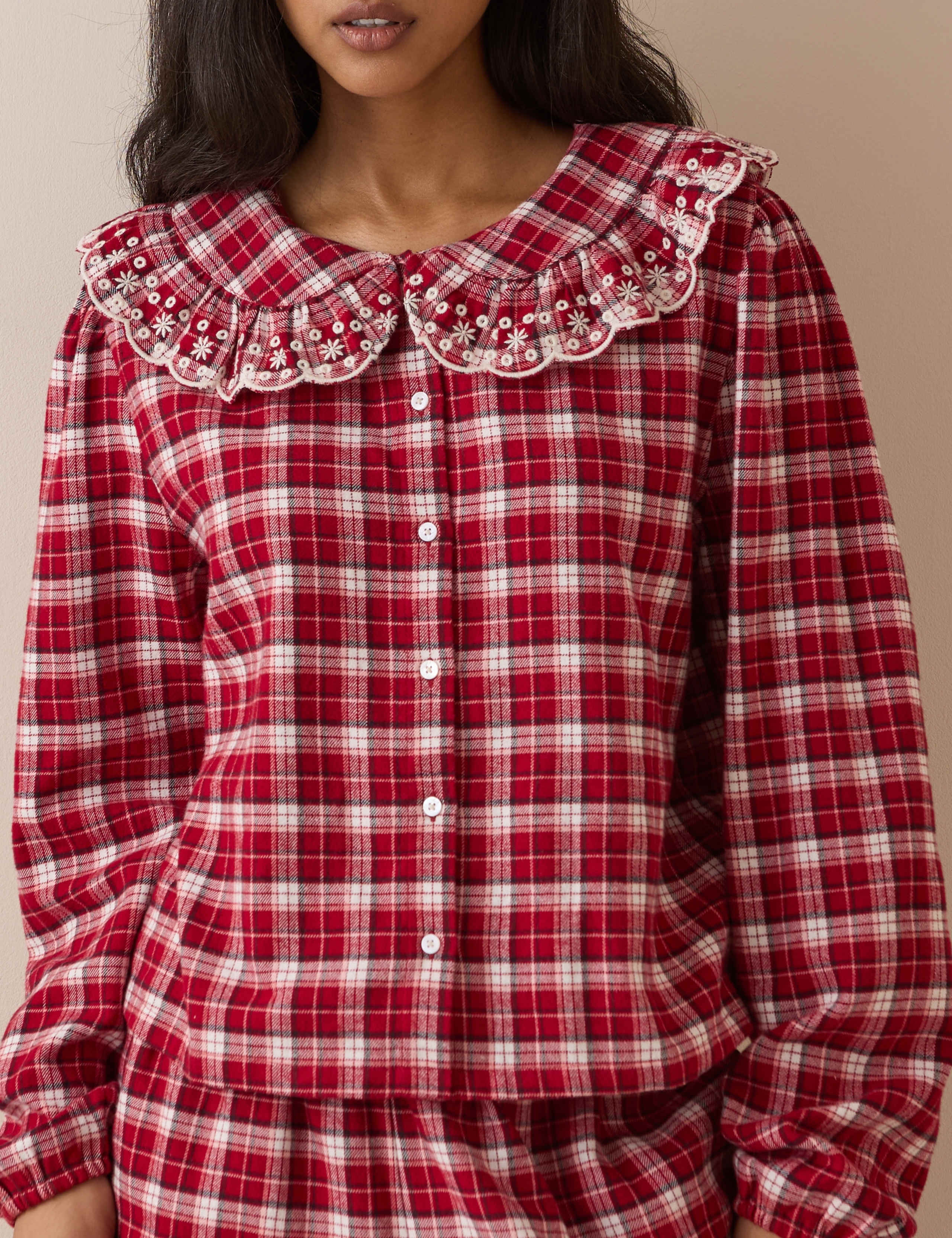 Pure Cotton Brushed Checked Frill Pyjama Top 3 of 5