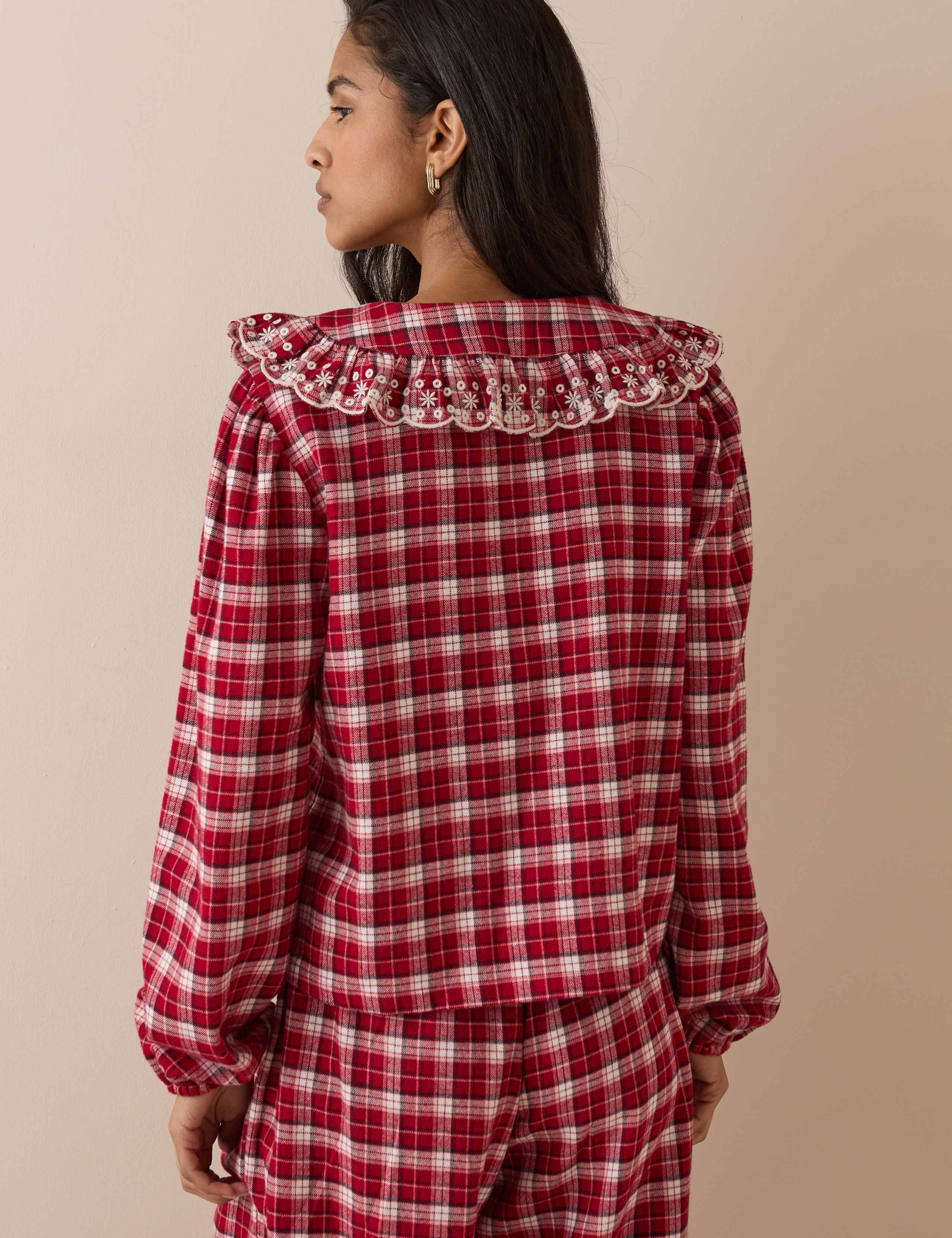 Pure Cotton Brushed Checked Frill Pyjama Top 4 of 5