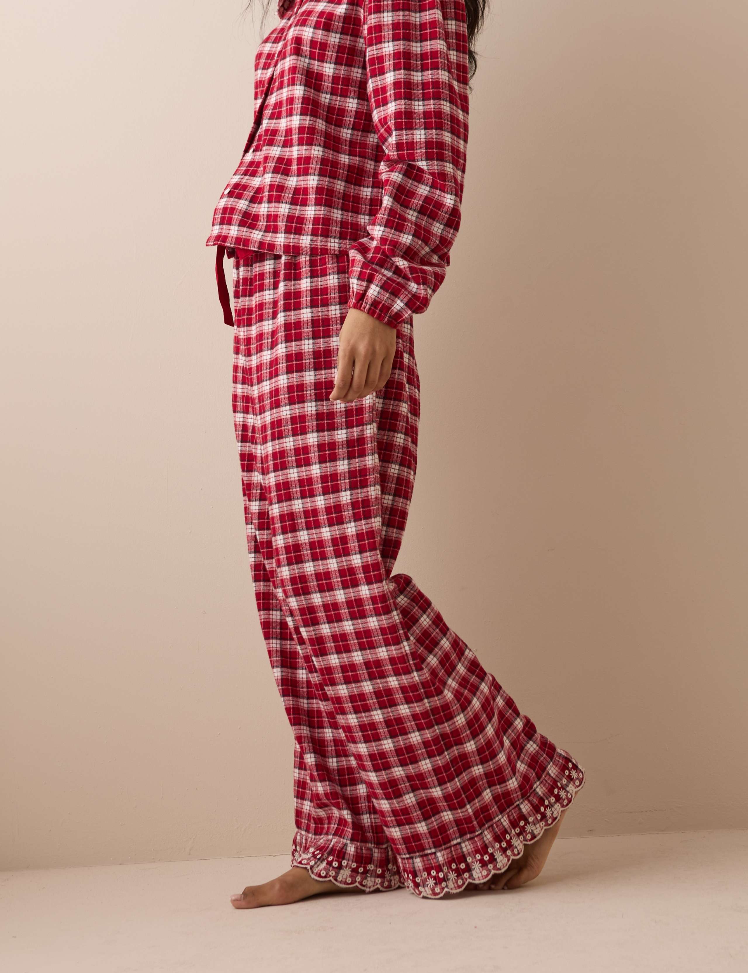 Pure Cotton Brushed Checked Frill Pyjama Bottoms 2 of 6