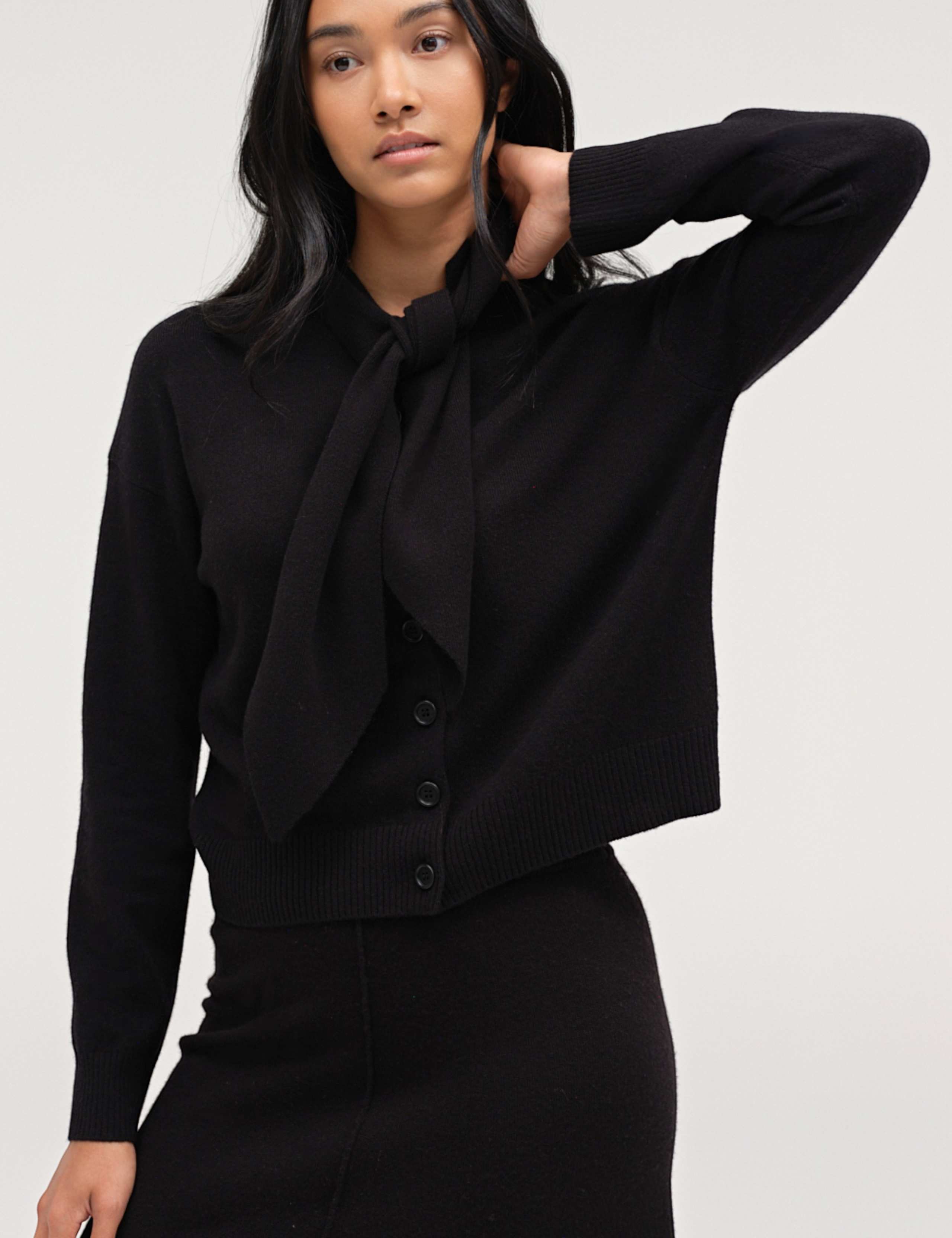 Wool Rich Jacquard Tie Neck Cardigan 1 of 4
