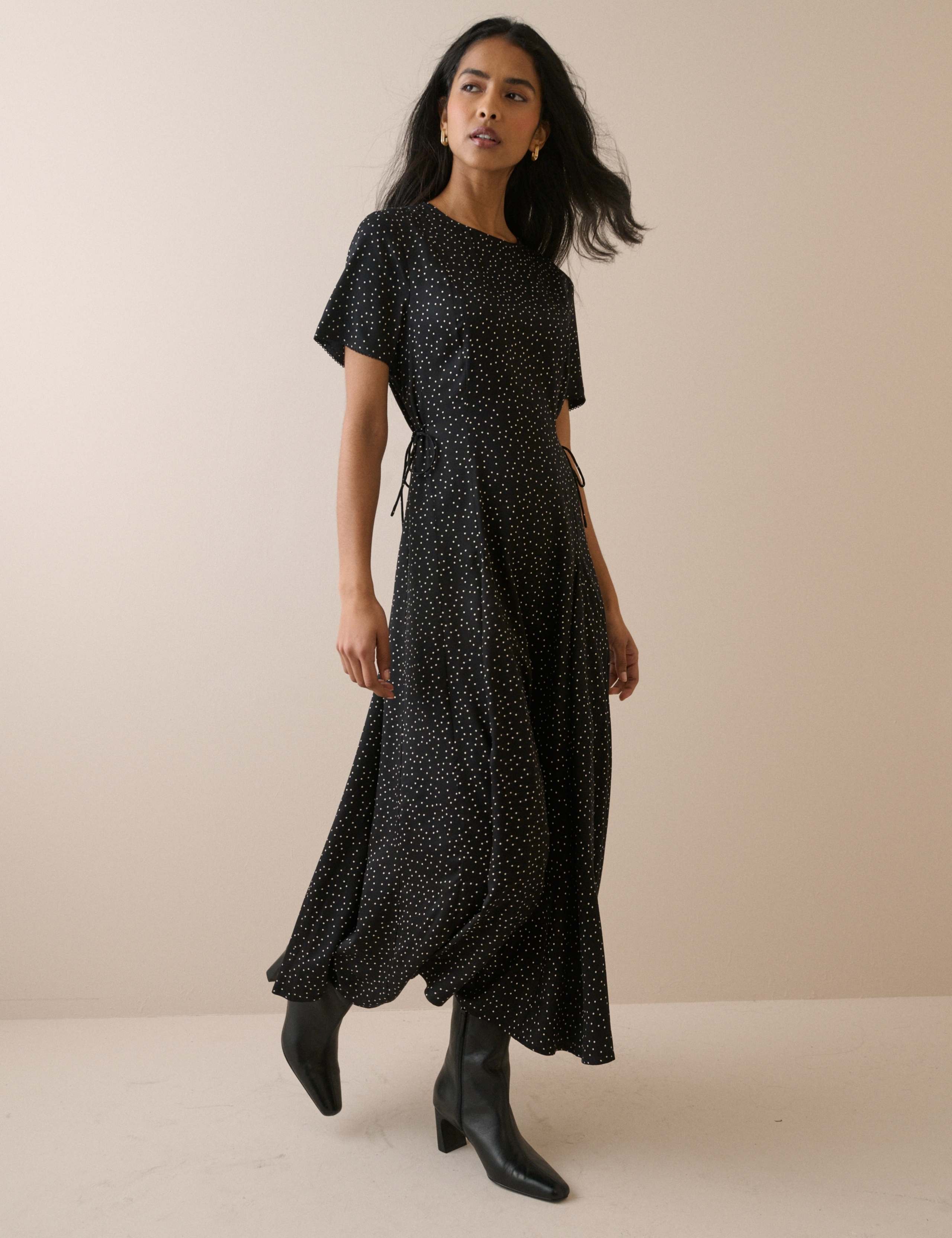 Polka Dot Round Neck Tie Detail Midi Tea Dress 2 of 5