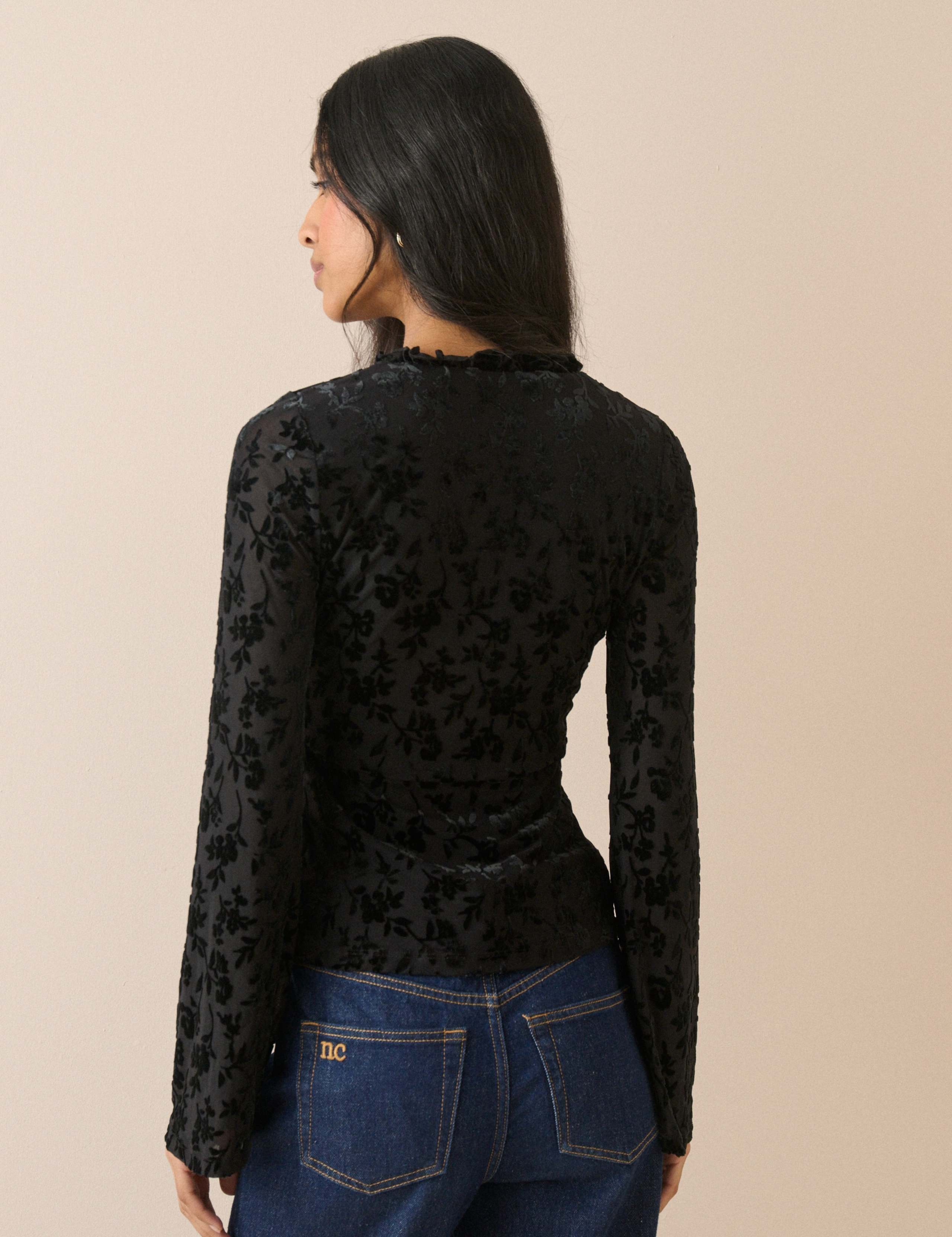 Devore Tie Front Frill Detail Top 2 of 5