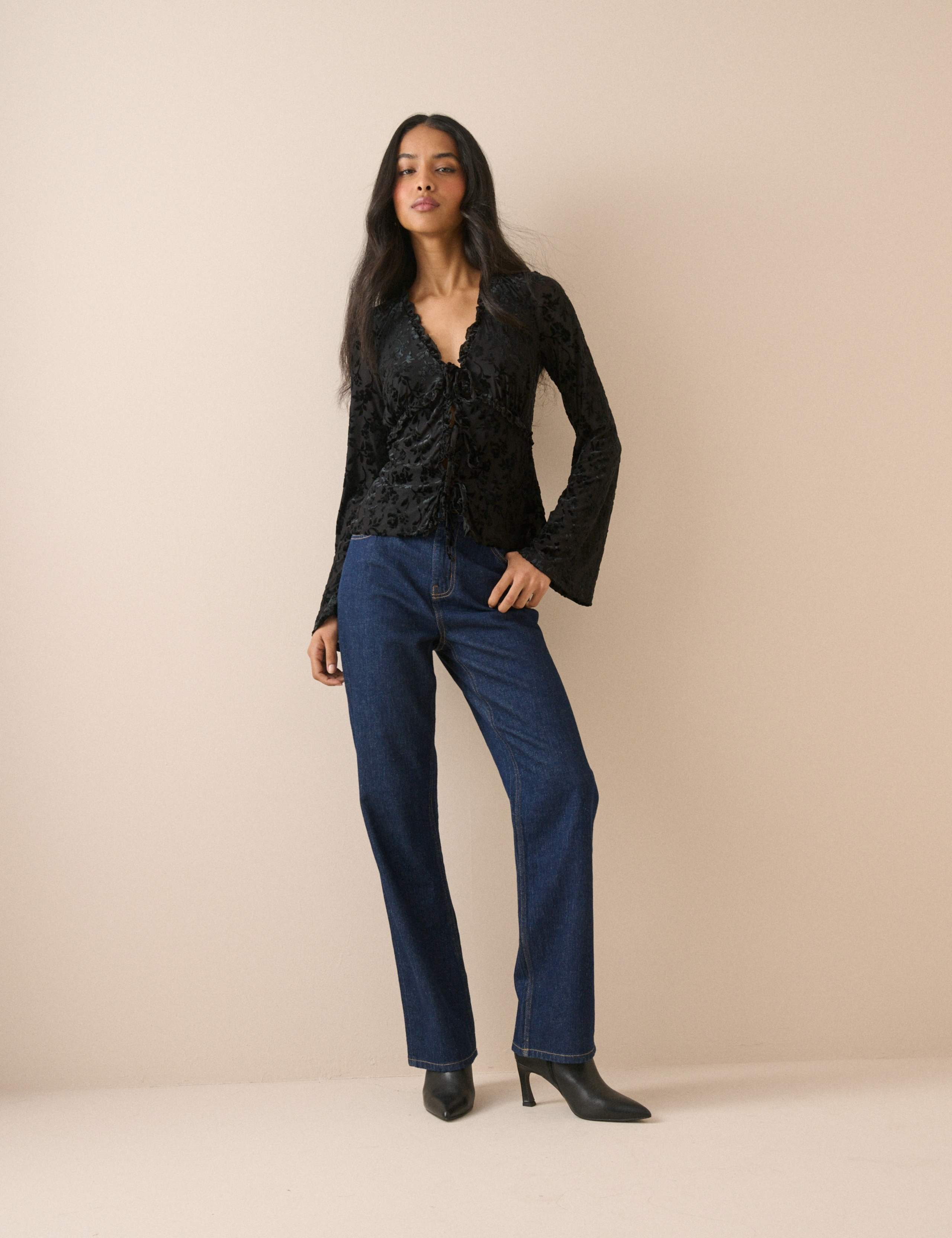 Devore Tie Front Frill Detail Top 3 of 5