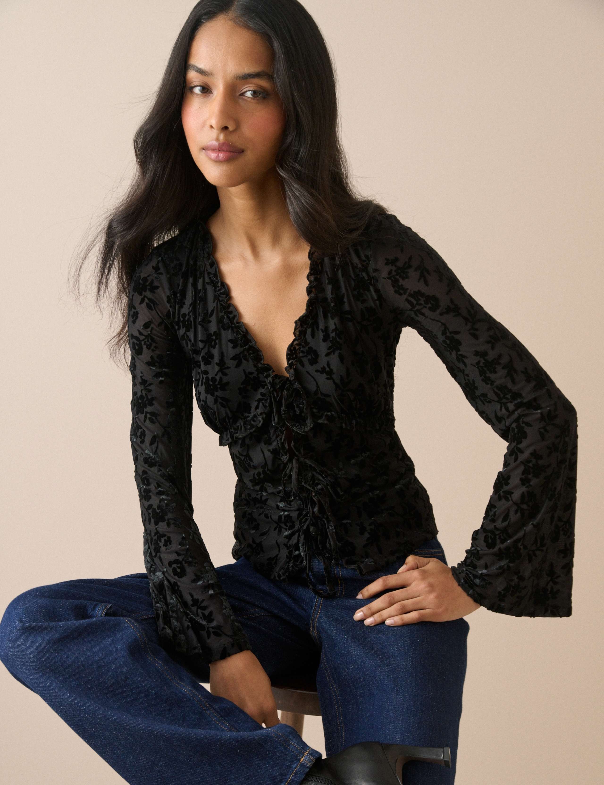 Devore Tie Front Frill Detail Top 4 of 5