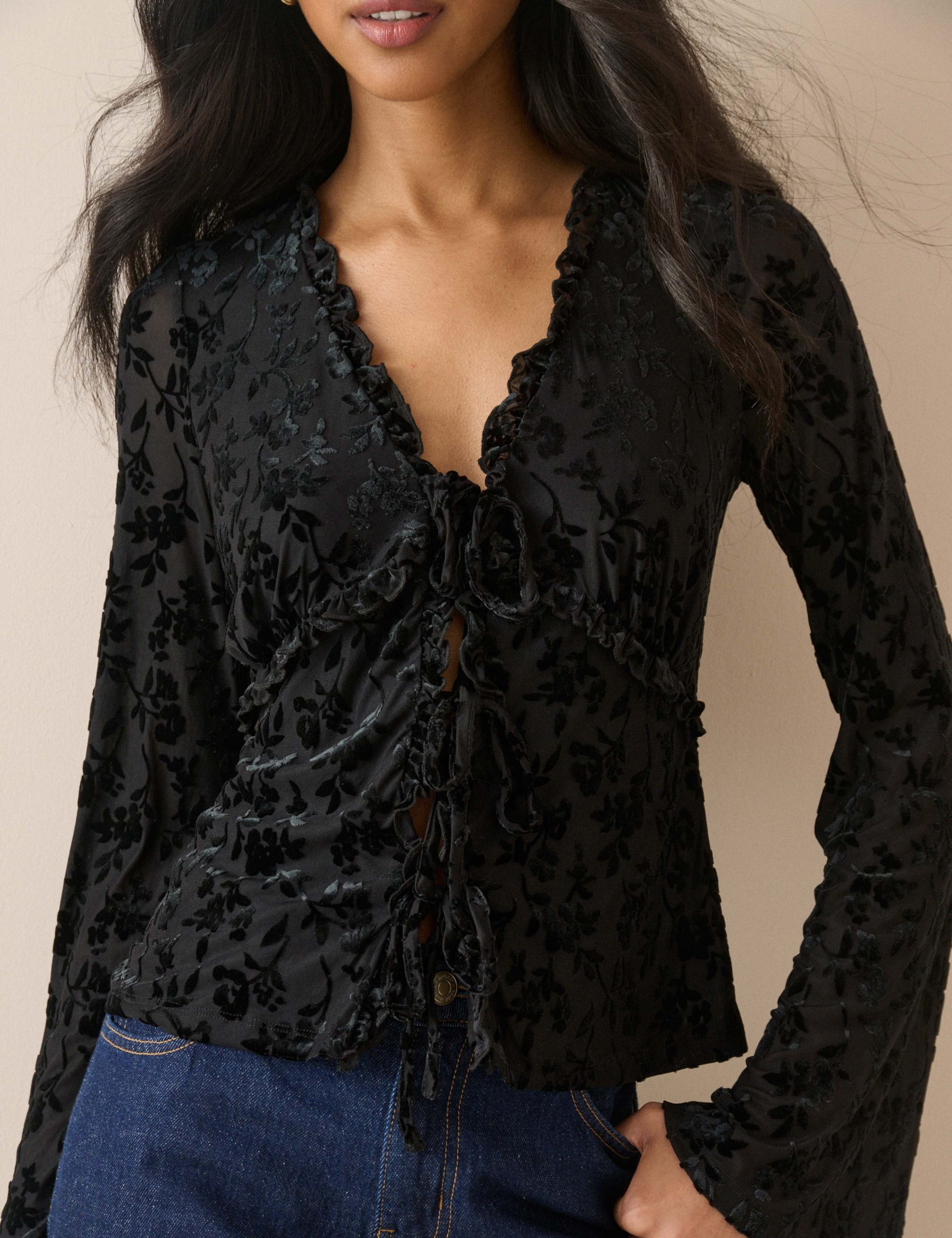 Devore Tie Front Frill Detail Top 5 of 5