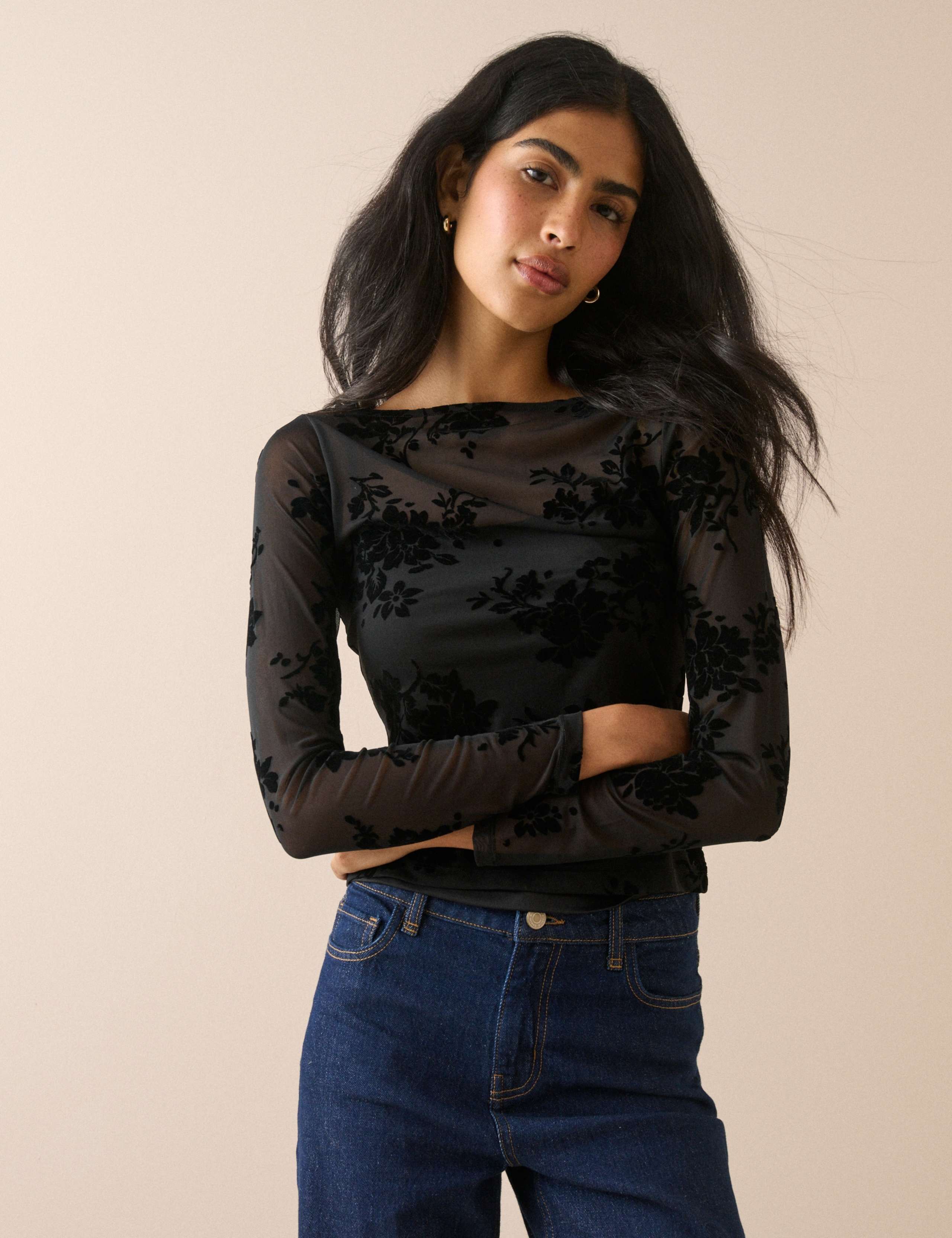 Devoré Floral Slash Neck Fitted Top 1 of 5