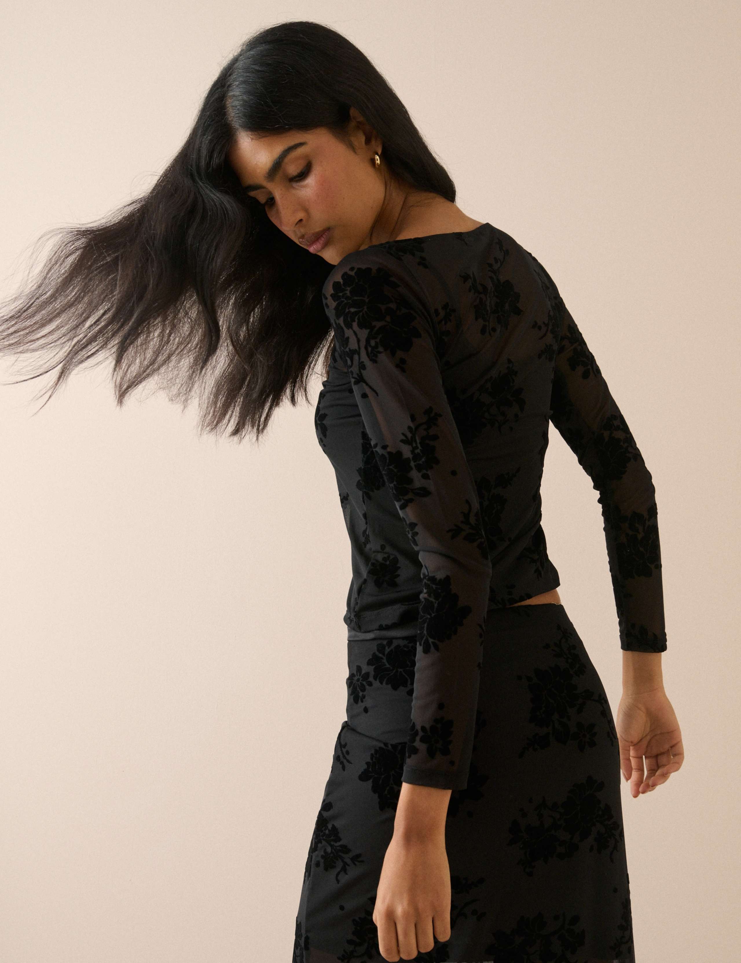 Devoré Floral Slash Neck Fitted Top 2 of 5