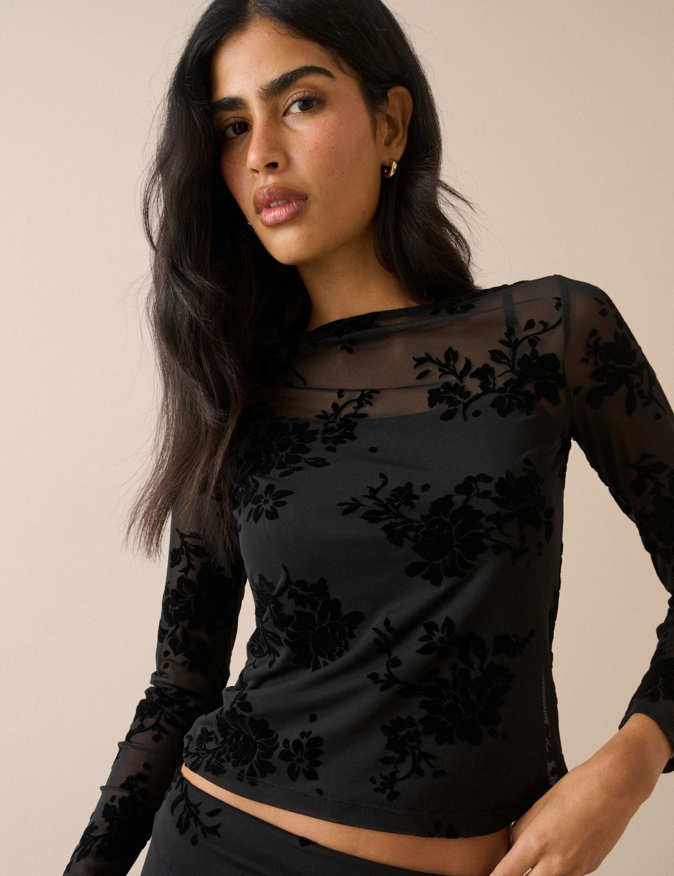 Devoré Floral Slash Neck Fitted Top 4 of 5