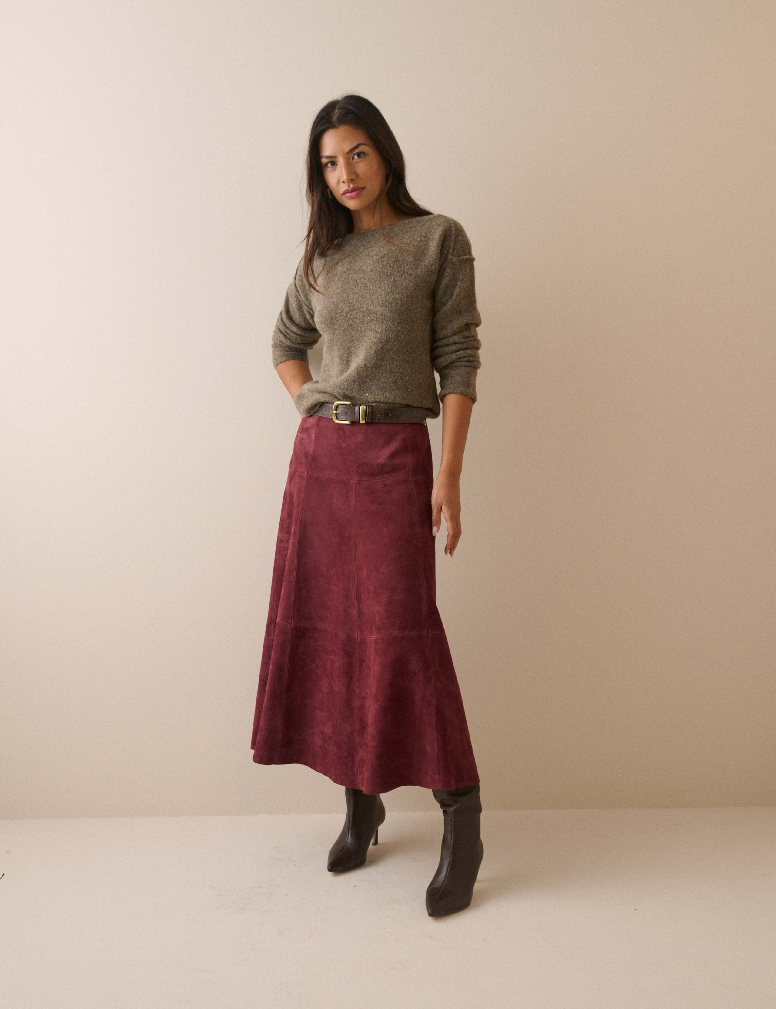 Suede Seam Detail Midi A-Line Skirt 2 of 5