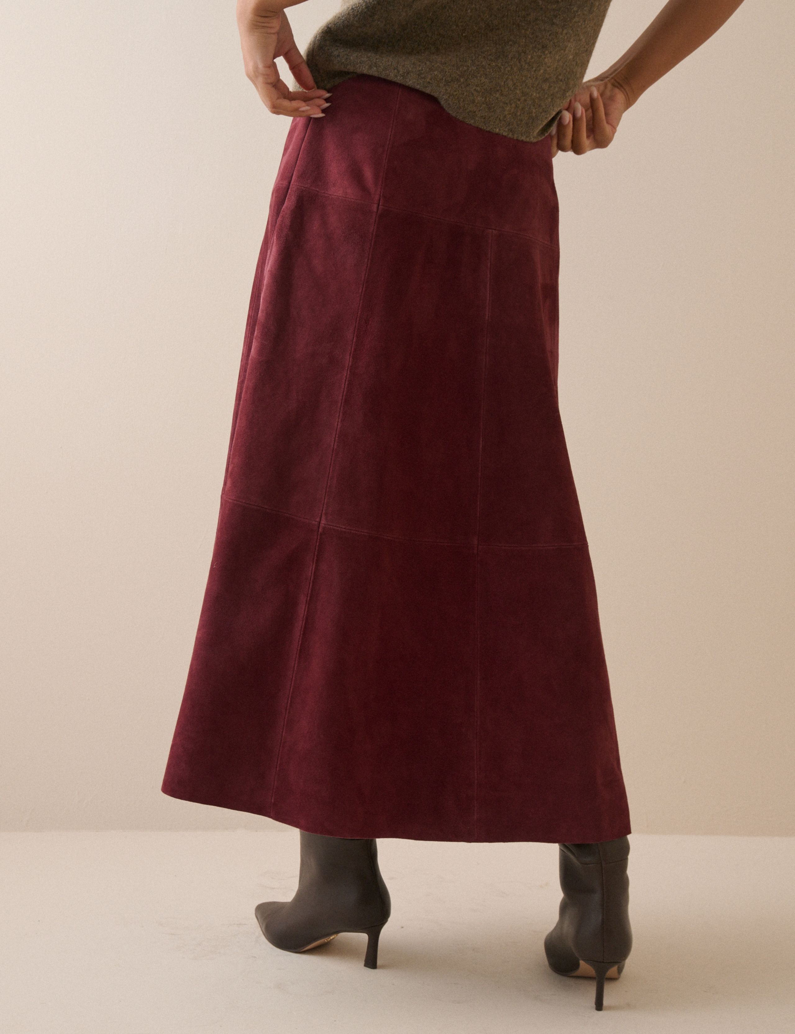 Suede Seam Detail Midi A-Line Skirt 4 of 5